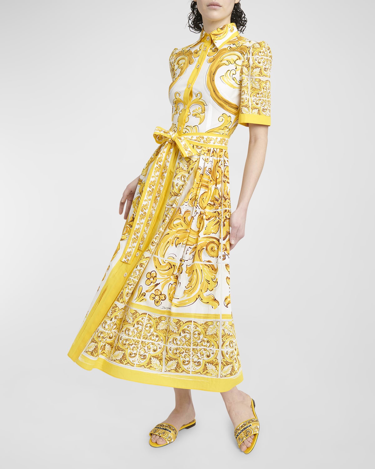 Brocade Print Poplin Midi Shirtdress with Tie Belt - 7