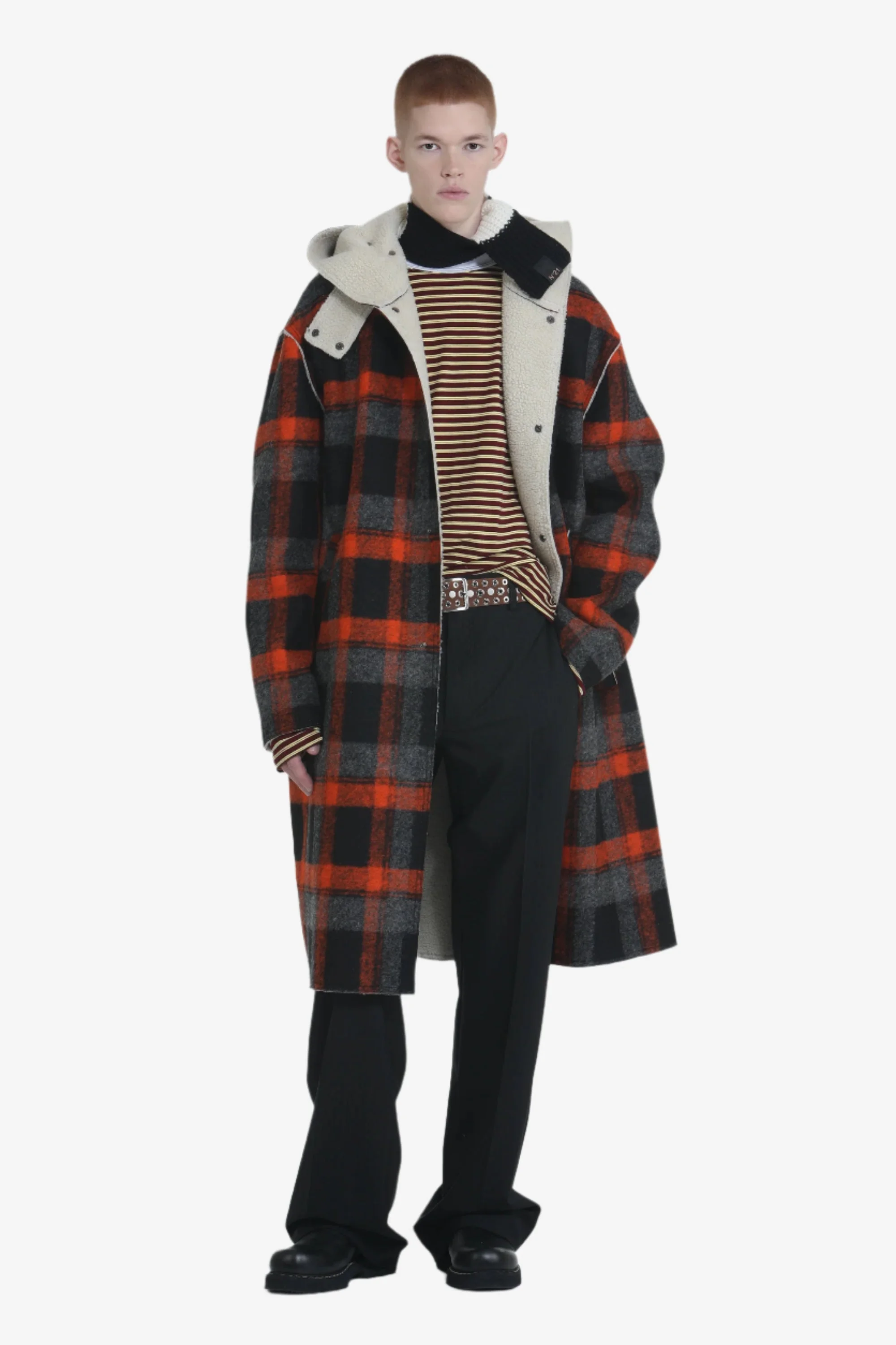 LONG CHECKED COAT WITH HOOD - 1