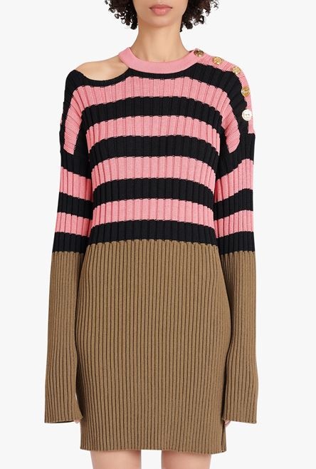 Salmon pink and black striped eco-designed wool dress - 5