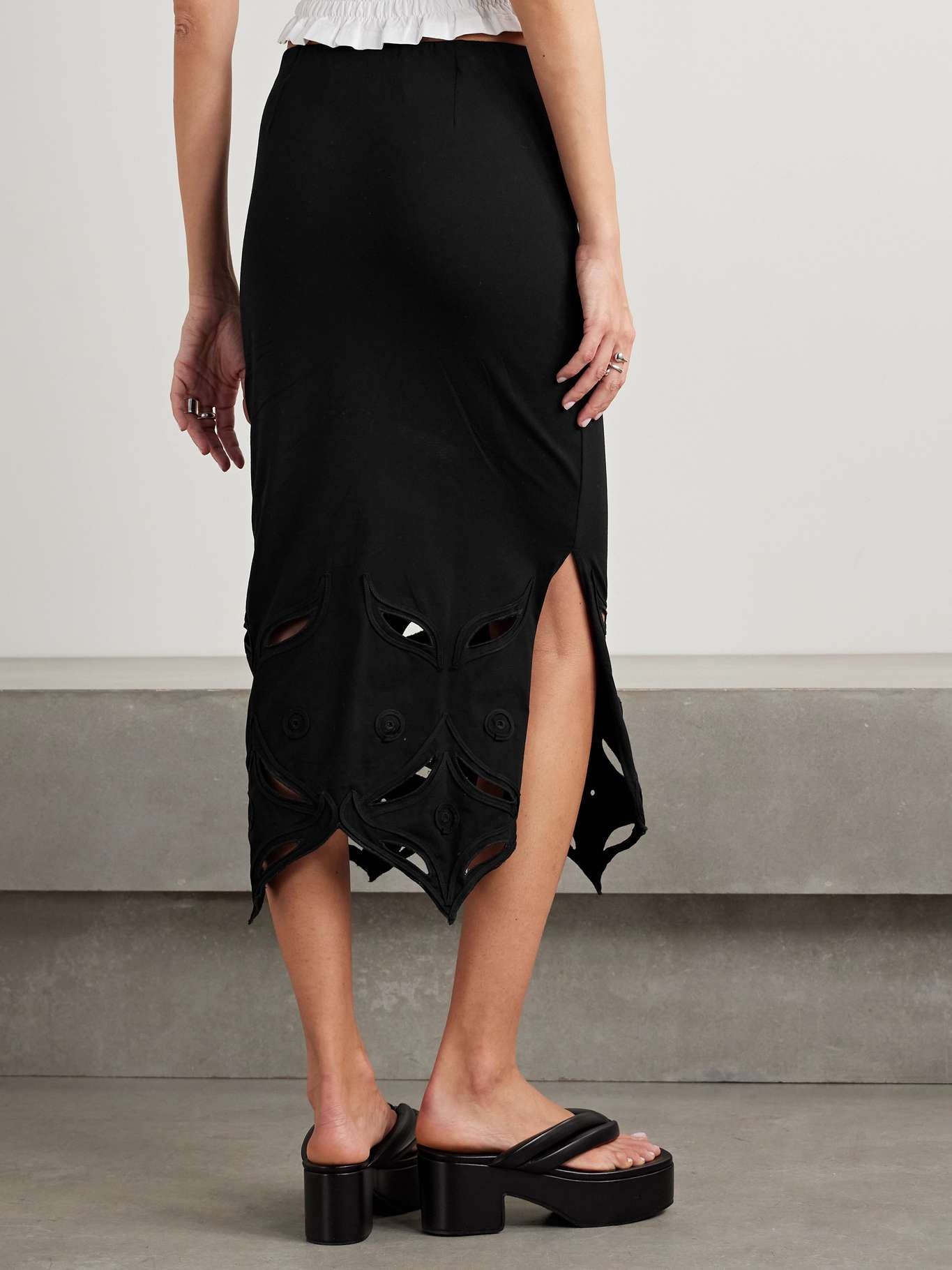 Schiffli cutout appliquéd embroidered cotton-jersey midi skirt Black - 3