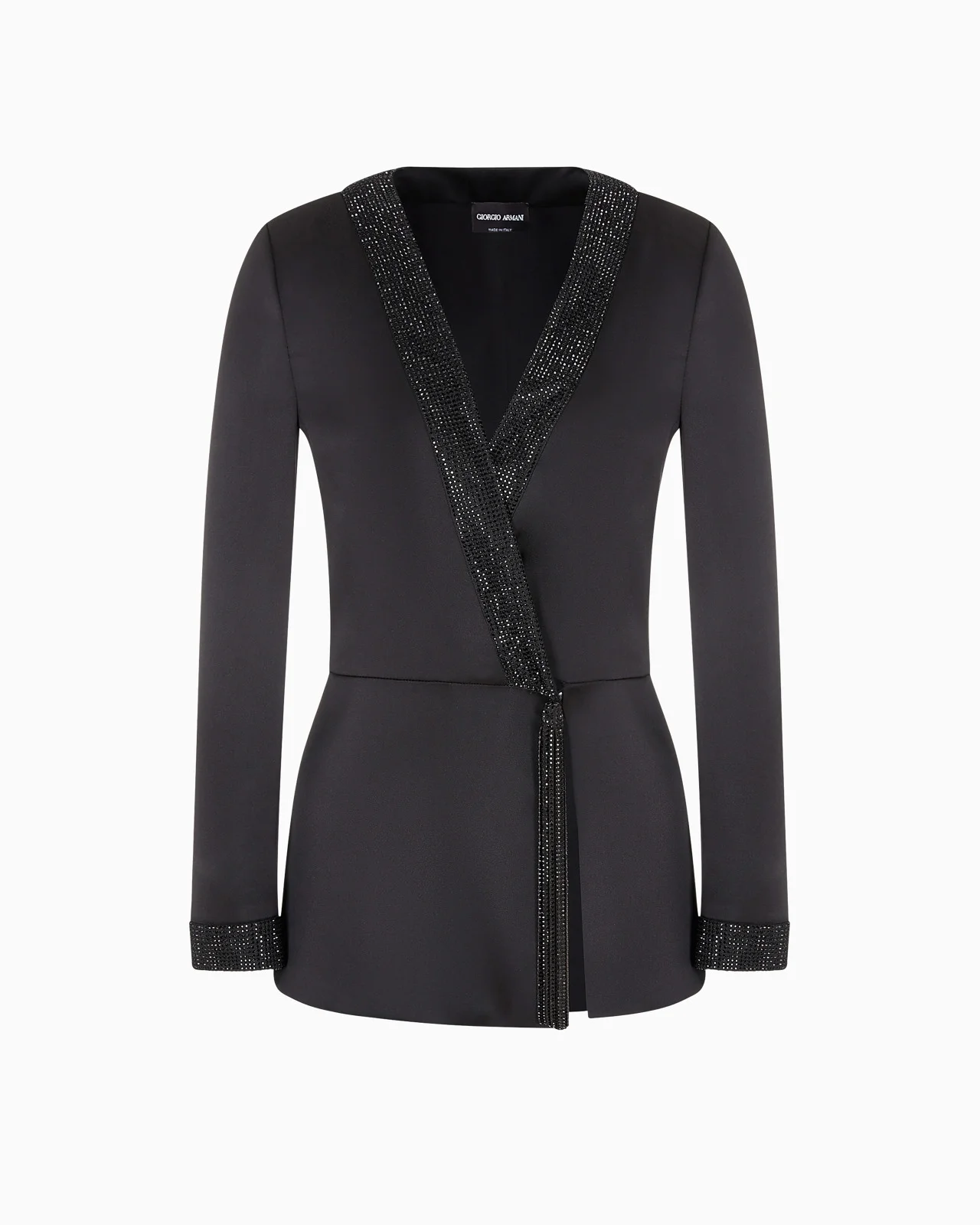 LONG SATIN JACKET WITH RHINESTONE AND CRYSTAL TRIM - 1