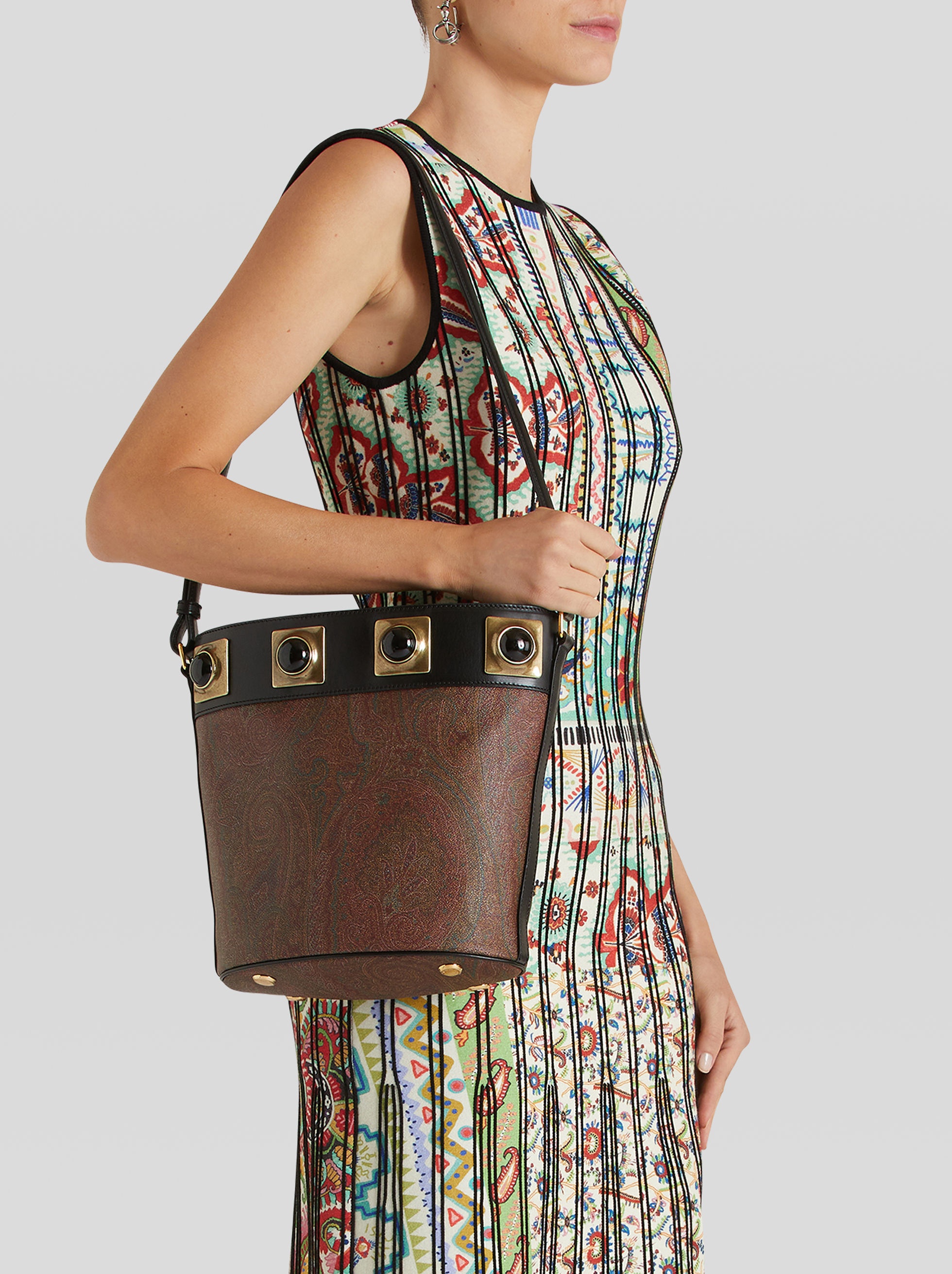 CROWN ME PAISLEY BUCKET BAG WITH BLACK STUDS - 2