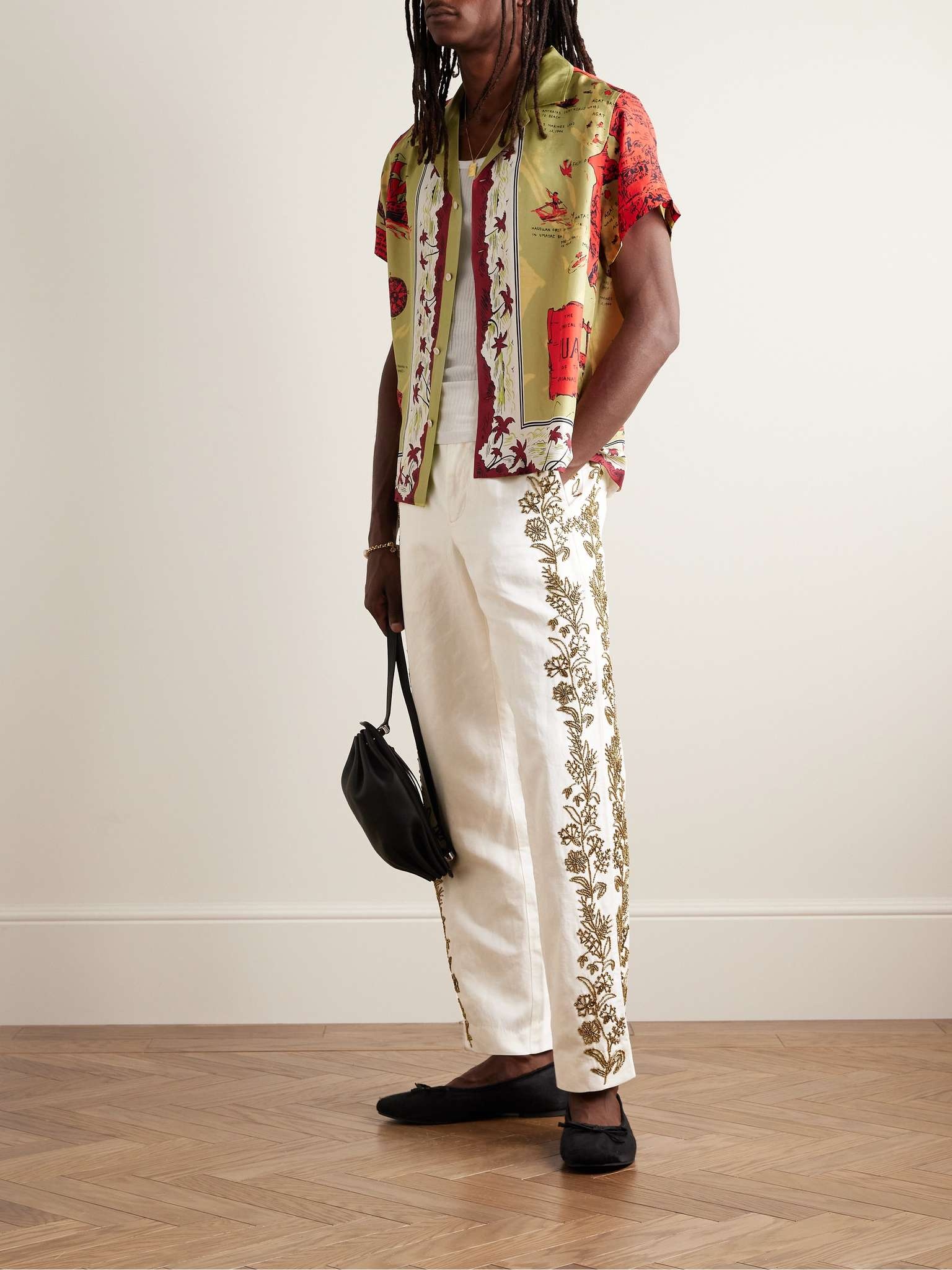 Wheat Flower Straight-Leg Beaded Linen and Cotton-Blend Twill Trousers - 2