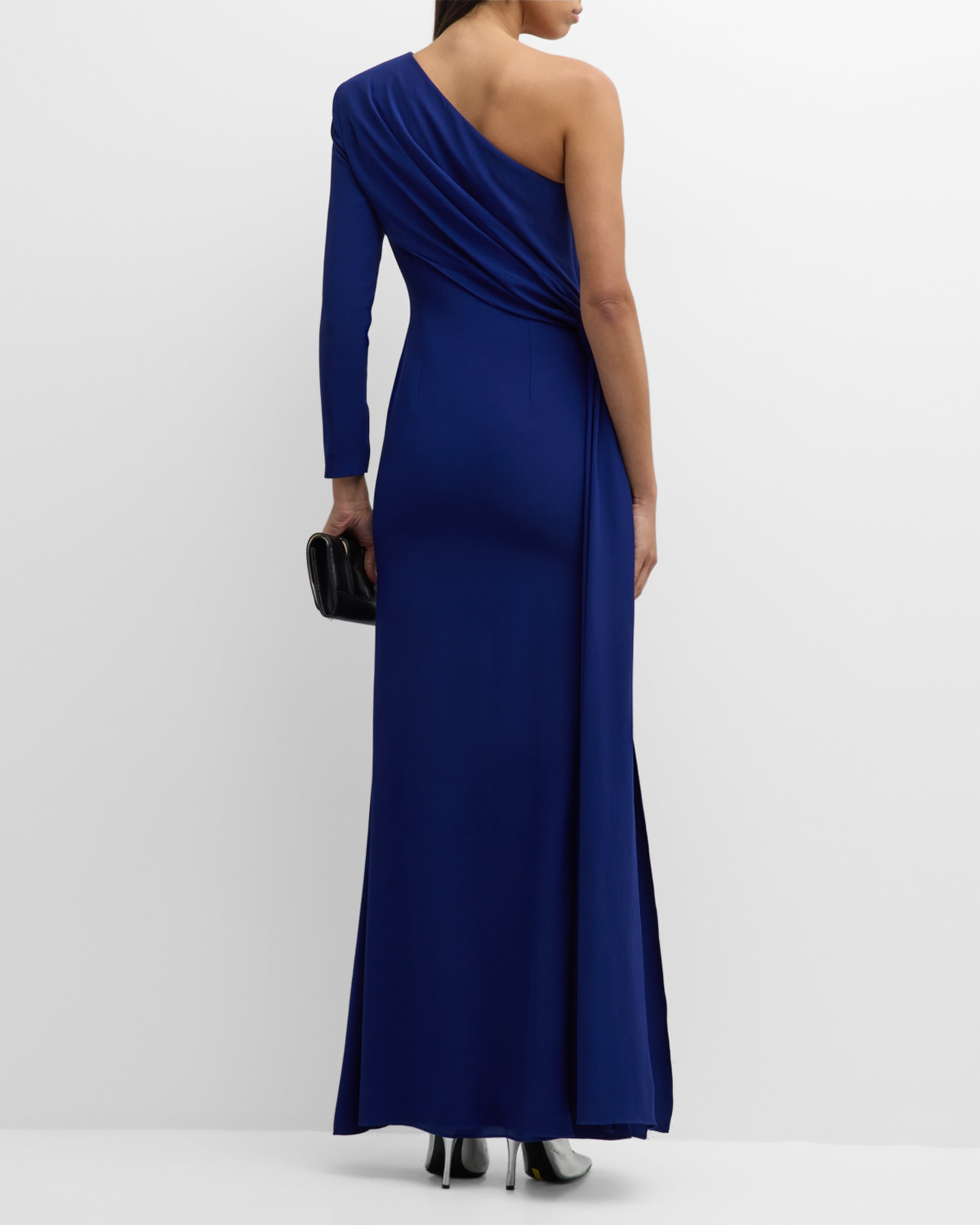 Crepe One-Shoulder Gown with Draped Detail - 4