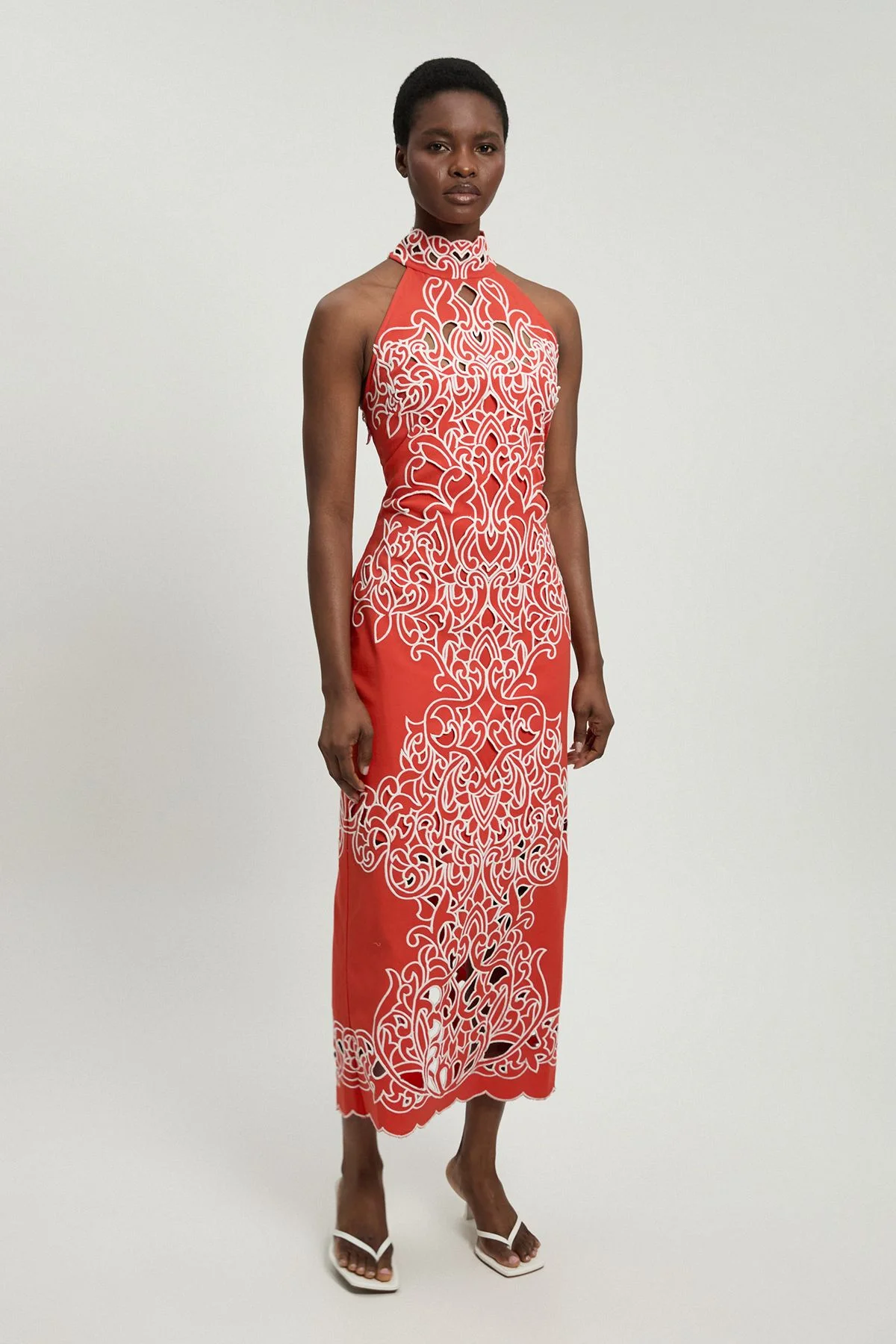 Cotton Cutwork Woven Halter Midi Dress - 1