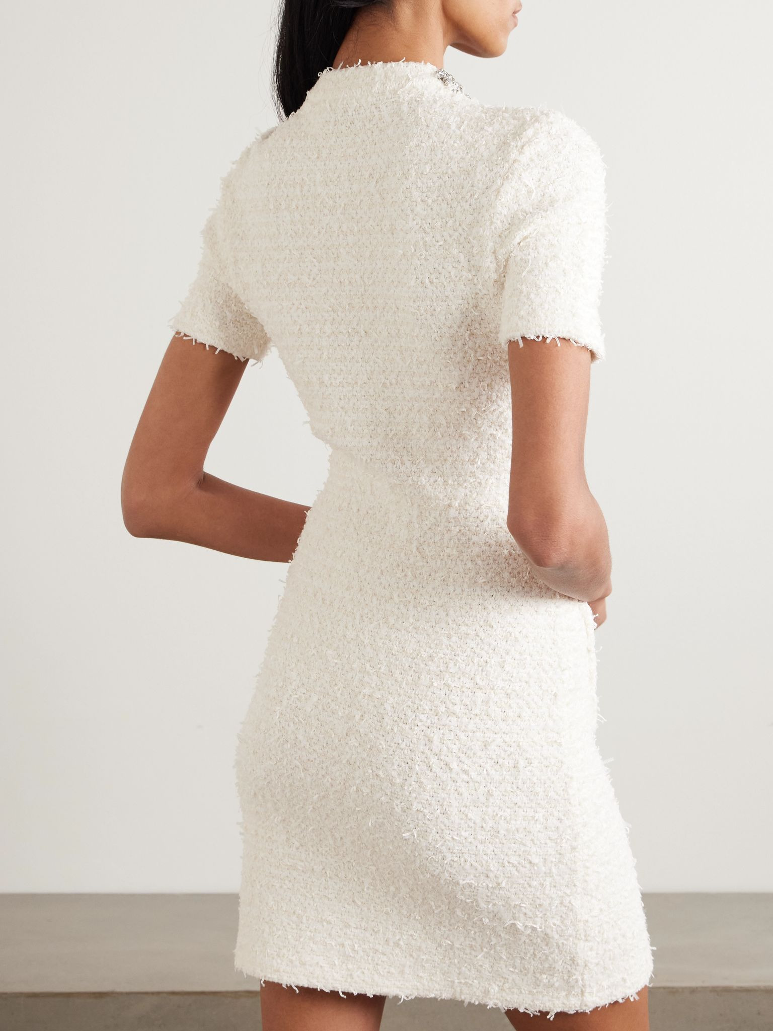 Crystal-embellished cotton-blend bouclé mini dress Cream - 3
