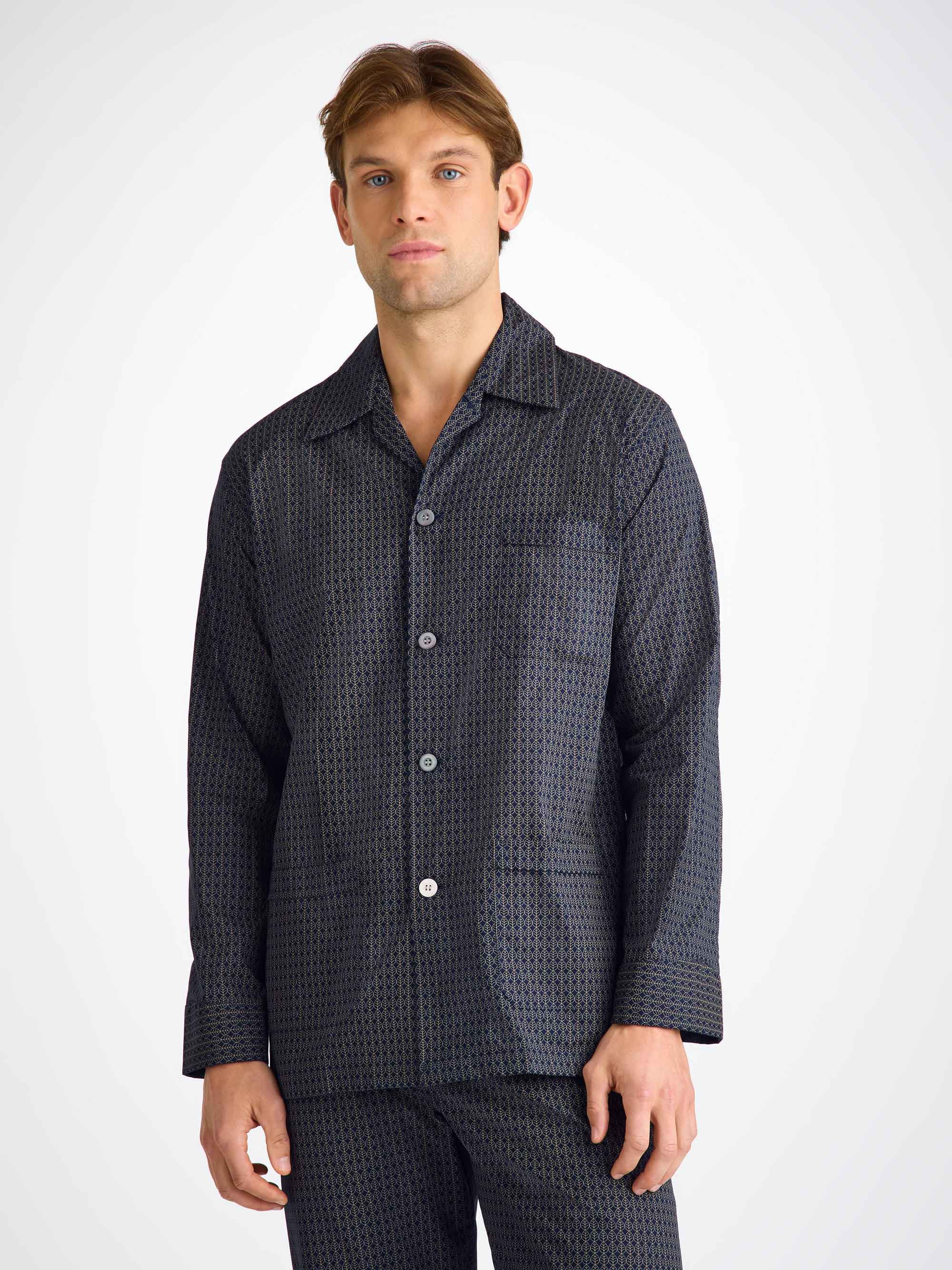 Men's Classic Fit Pajamas Cotton Batiste Navy Jungle Leaf Print - 6