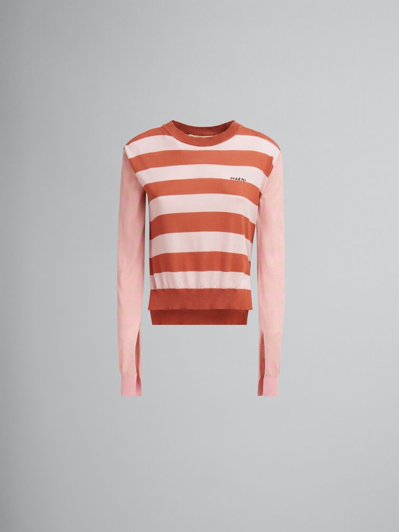 PINK CONTRAST-STRIPE LIGHT COTTON CREW-NECK - 1