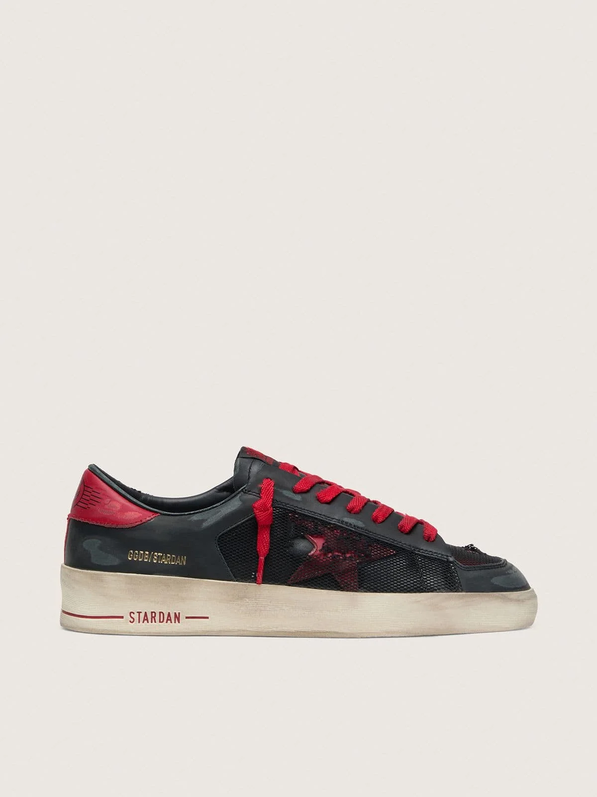 Men’s Stardan in black leather with red star and black mesh and red leather inserts - 1