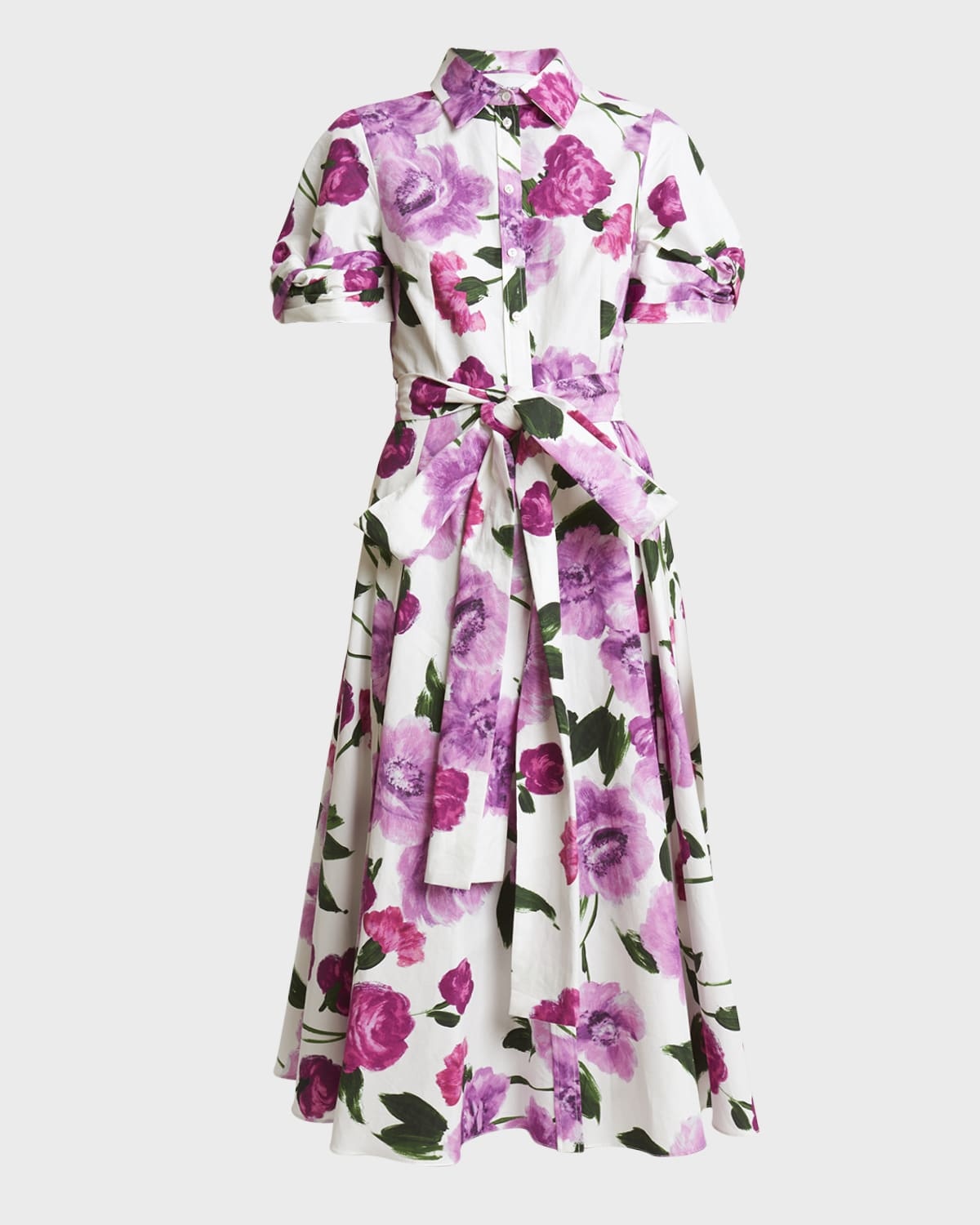 Belted Floral Cotton Short-Sleeve Midi Shirtdress - 1