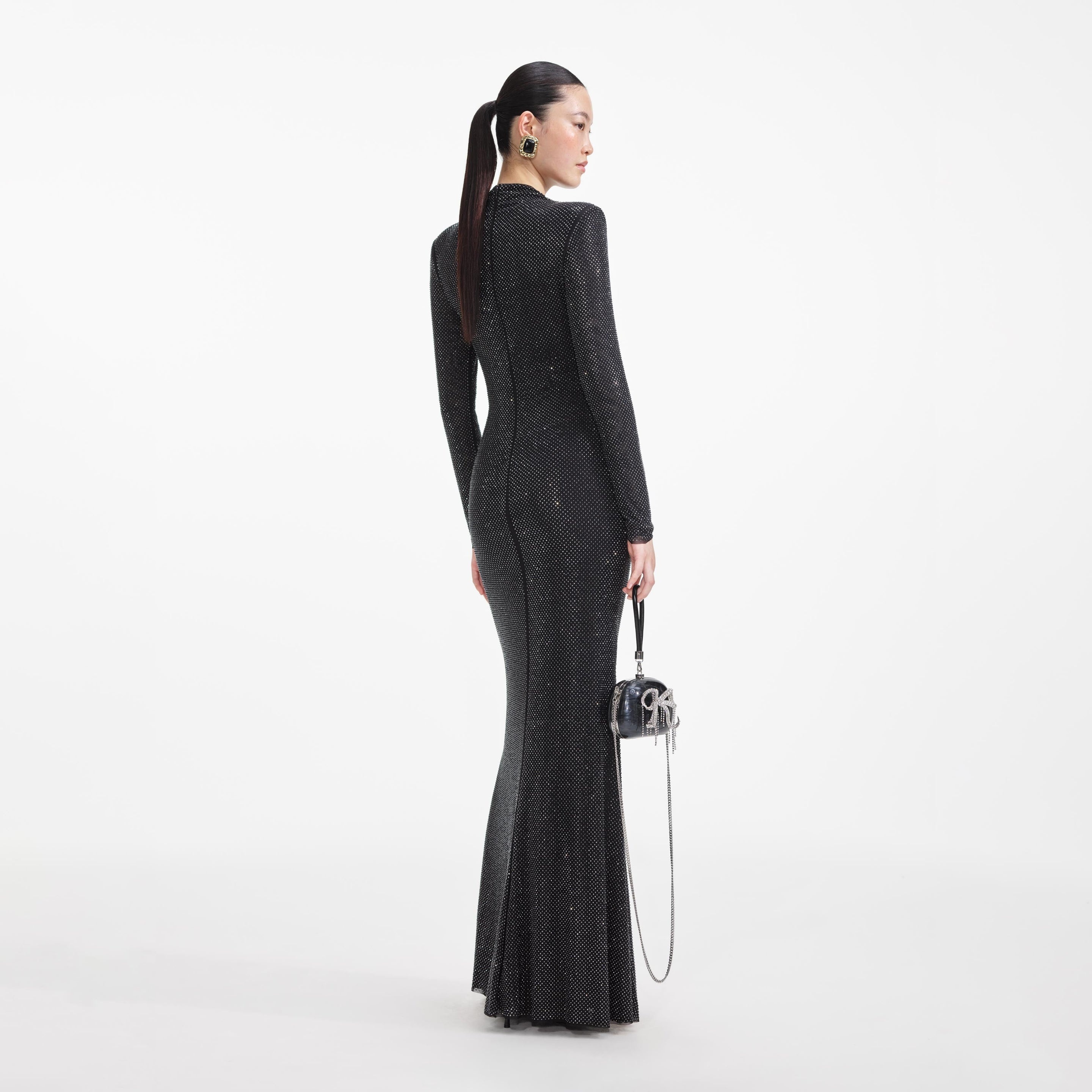 self-portrait Black Rhinestone Mesh Cut Out Maxi Dress