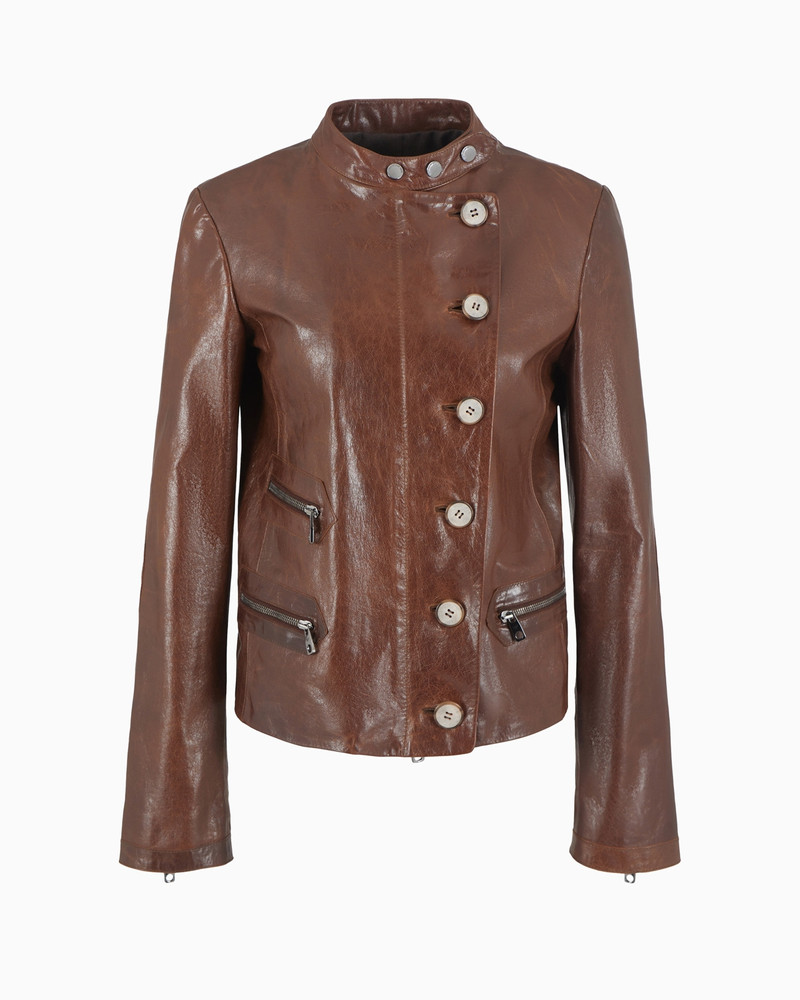 Icon slim-fit jacket with an off-centre zip in vegetable-tanned tumbled goatskin nappa leather 1