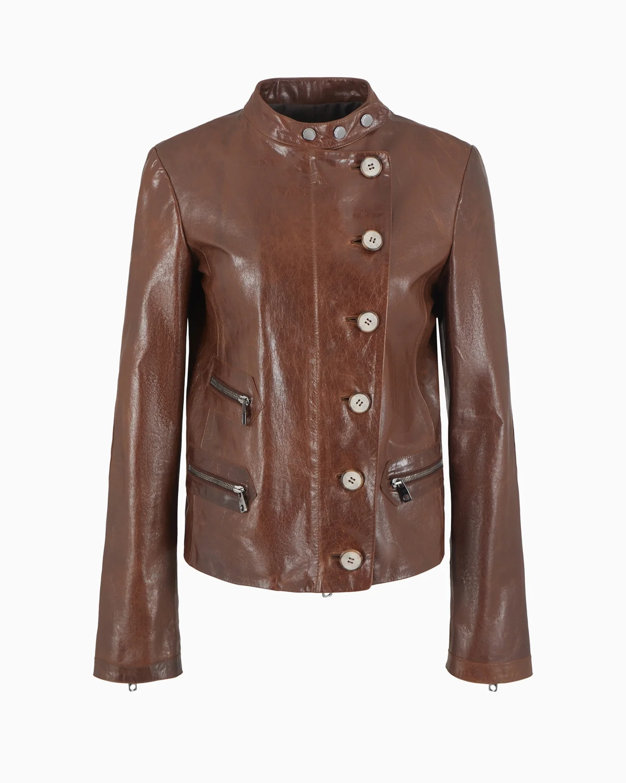 Icon slim-fit jacket with an off-centre zip in vegetable-tanned tumbled goatskin nappa leather - 1