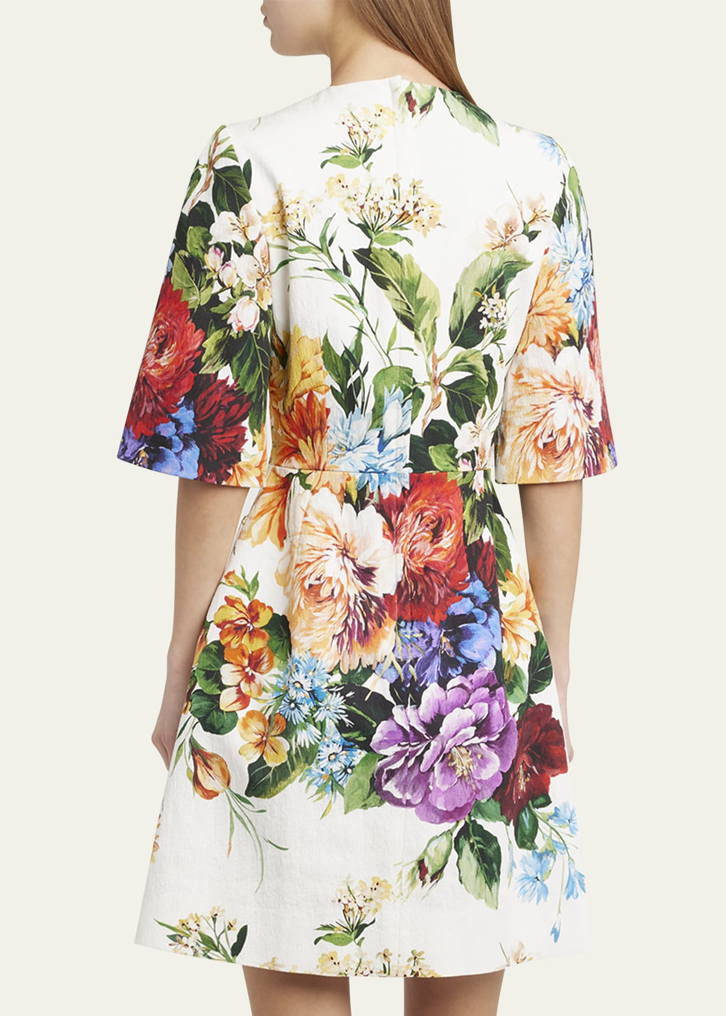 Floral Bouquet Short-Sleeve Creton Mini Dress - 3