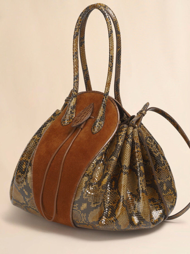 BROWN SUEDE AND PYTHON-PRINT LEATHER TULIPEA LARGE HANDBAG 5