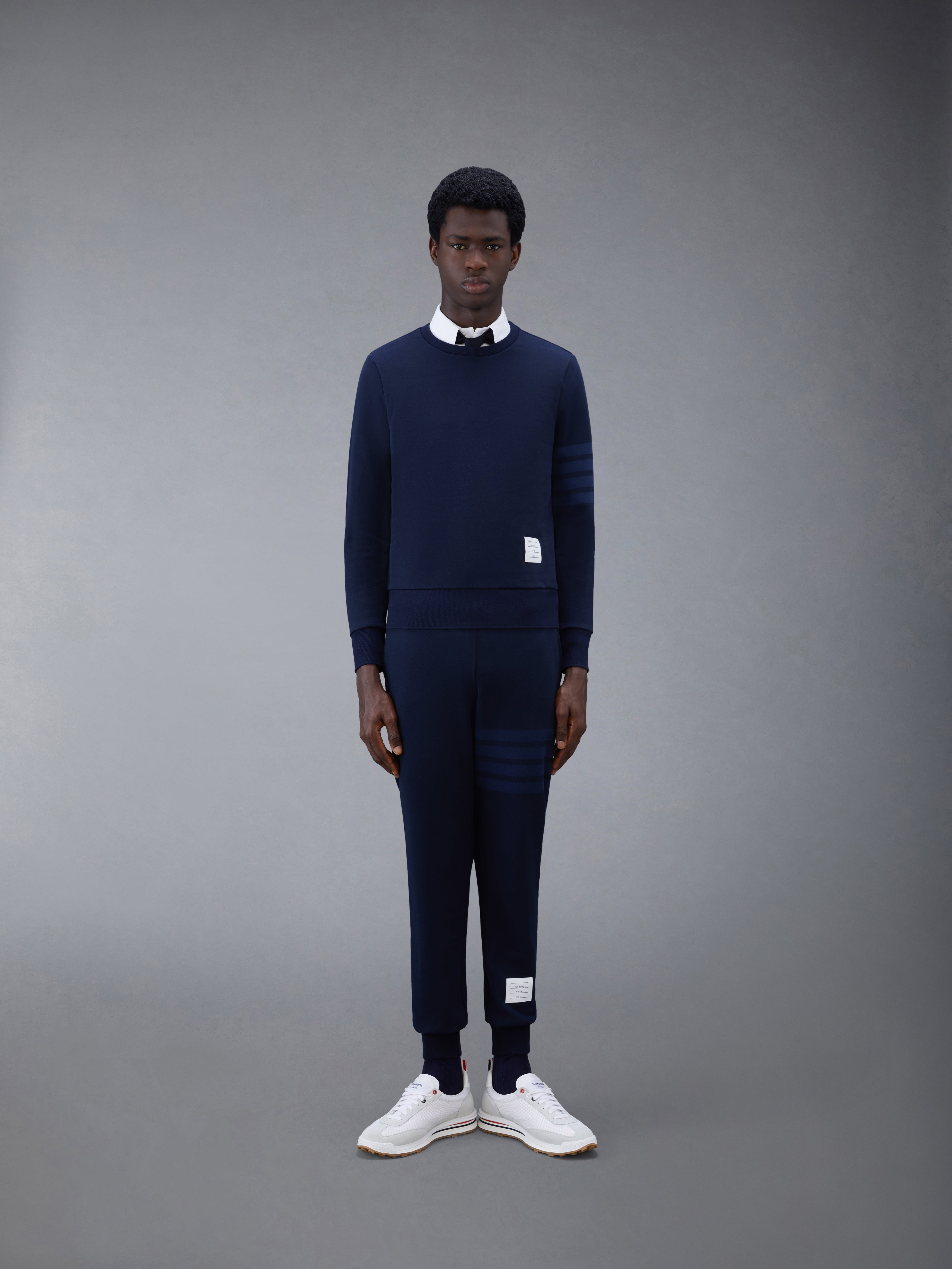 Navy Cotton Loopback Relaxed Fit Tonal 4-Bar Crewneck Sweatshirt - 3