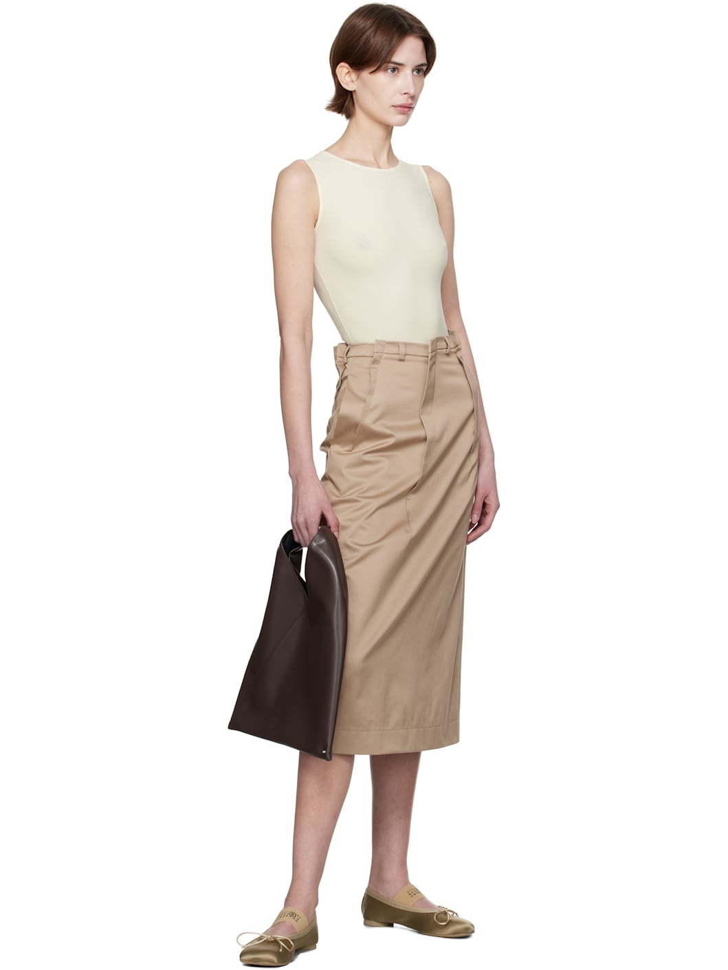 Beige Light Cotton Twill Darting Midi Skirt - 4