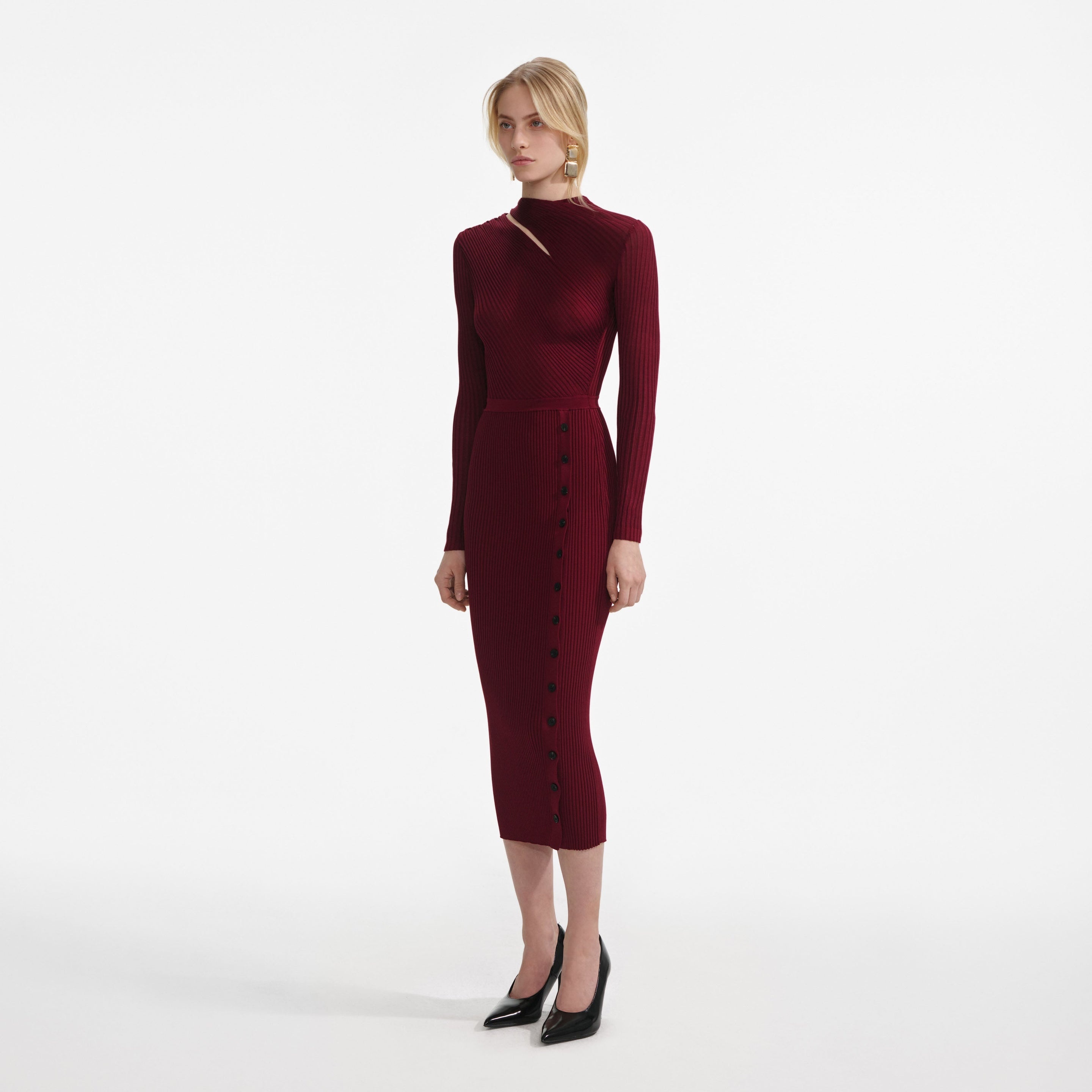 Burgundy Cut Out Rib Knit Midi Dress - 2