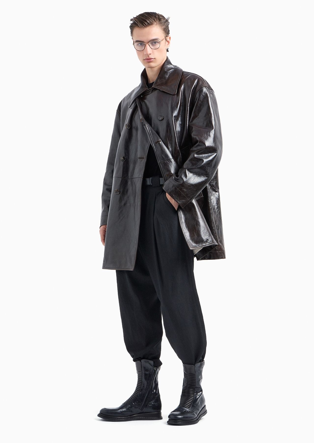 Long nappa leather pea coat - 4