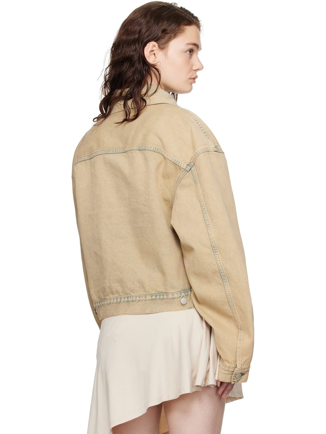 Beige & Blue Oversized Cropped Fit Denim Jacket - 3