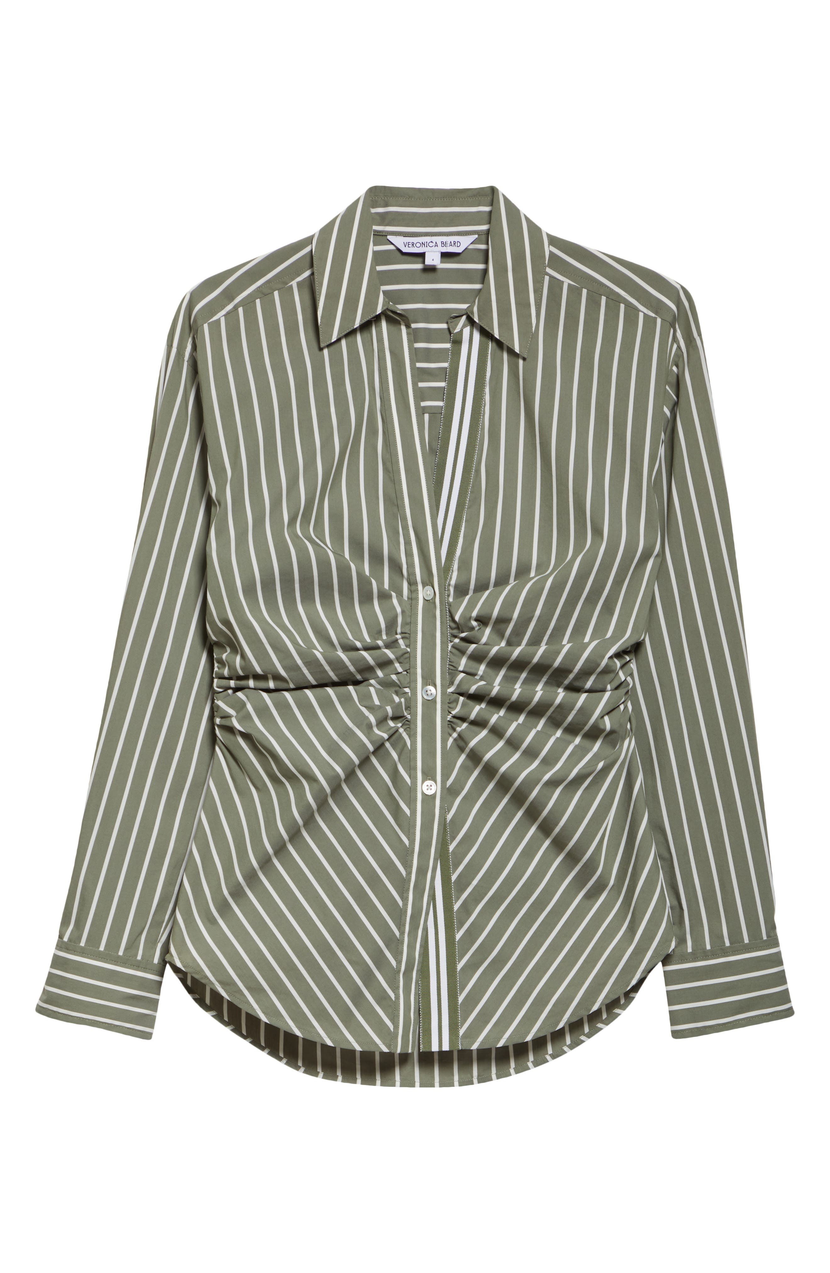 Veronica Beard Devra Stripe Ruched Cotton Blend Button-Up Shirt in Stone Army White at Nordstrom - 6