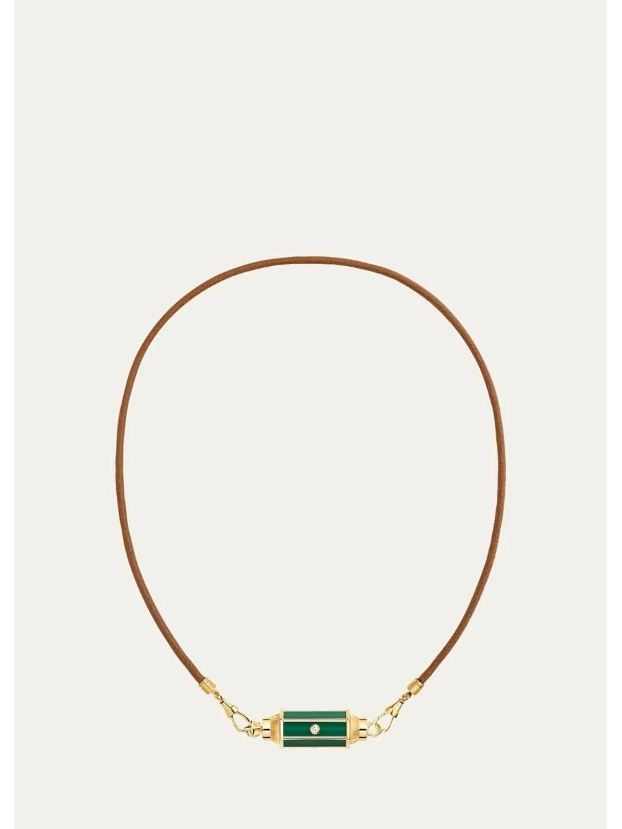 18K Yellow Gold, 0.11 Diamond, Malachite & Leather Cord Necklace - 1