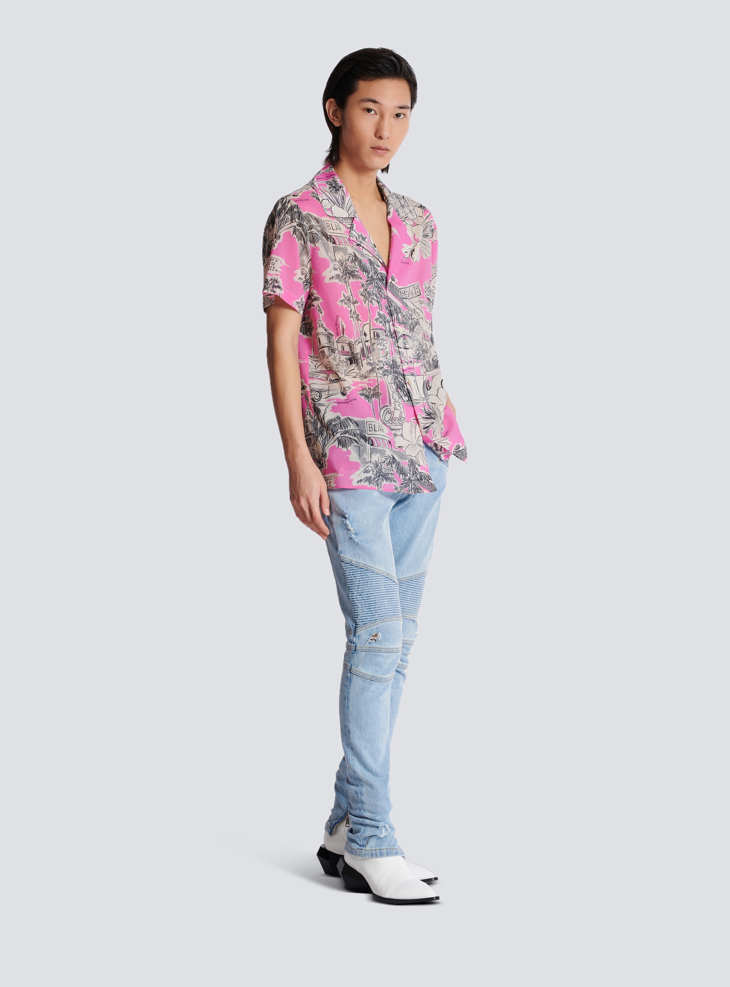 Short-sleeved silk pyjama shirt with Miami print - 3