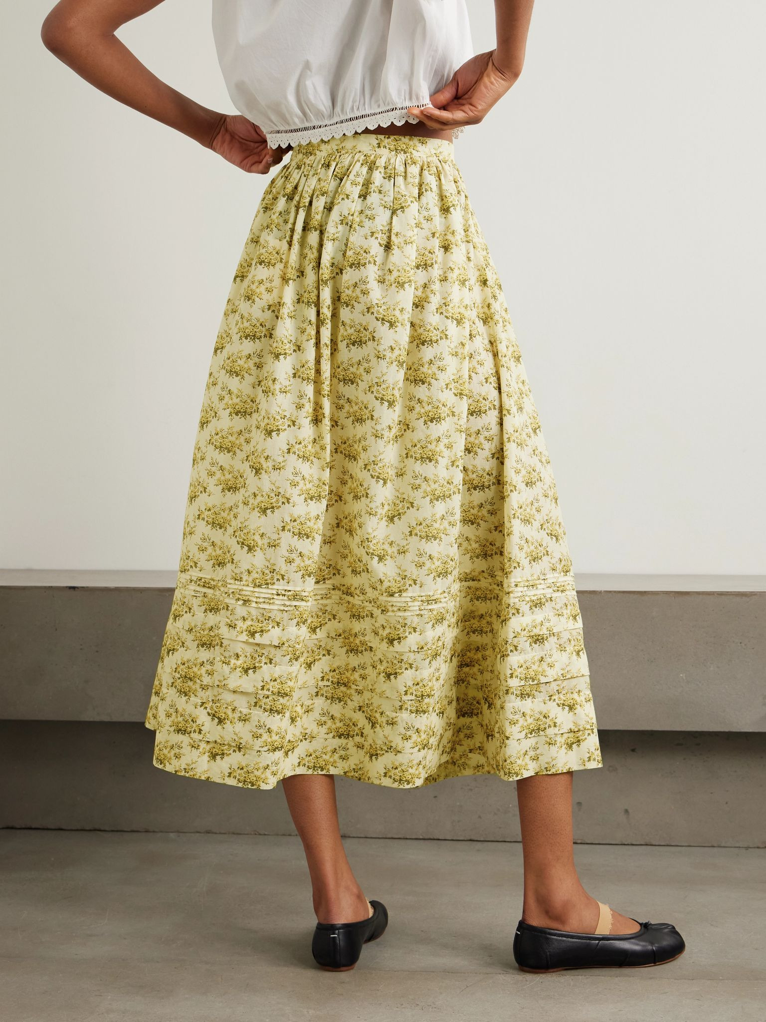 Marcie tiered pleated floral-print organic cotton-voile midi skirt Yellow - 3