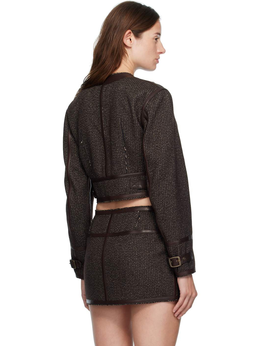 Brown Stitch Details Crewneck Jacket - 3