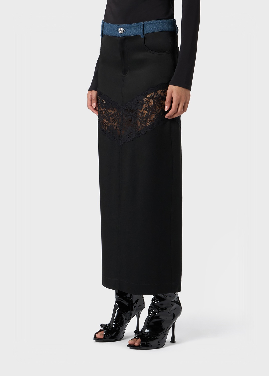 SATIN LONG SKIRT WITH LACE INSERT - 5