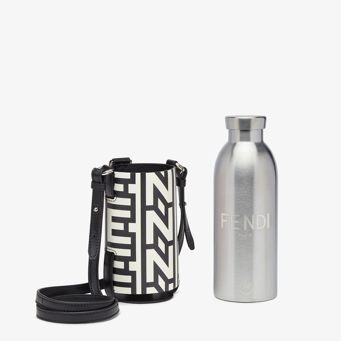 Thermal flask in black brushed steel, with engraved FENDI ROMA lettering and FF branded lid. Cylindr - 2