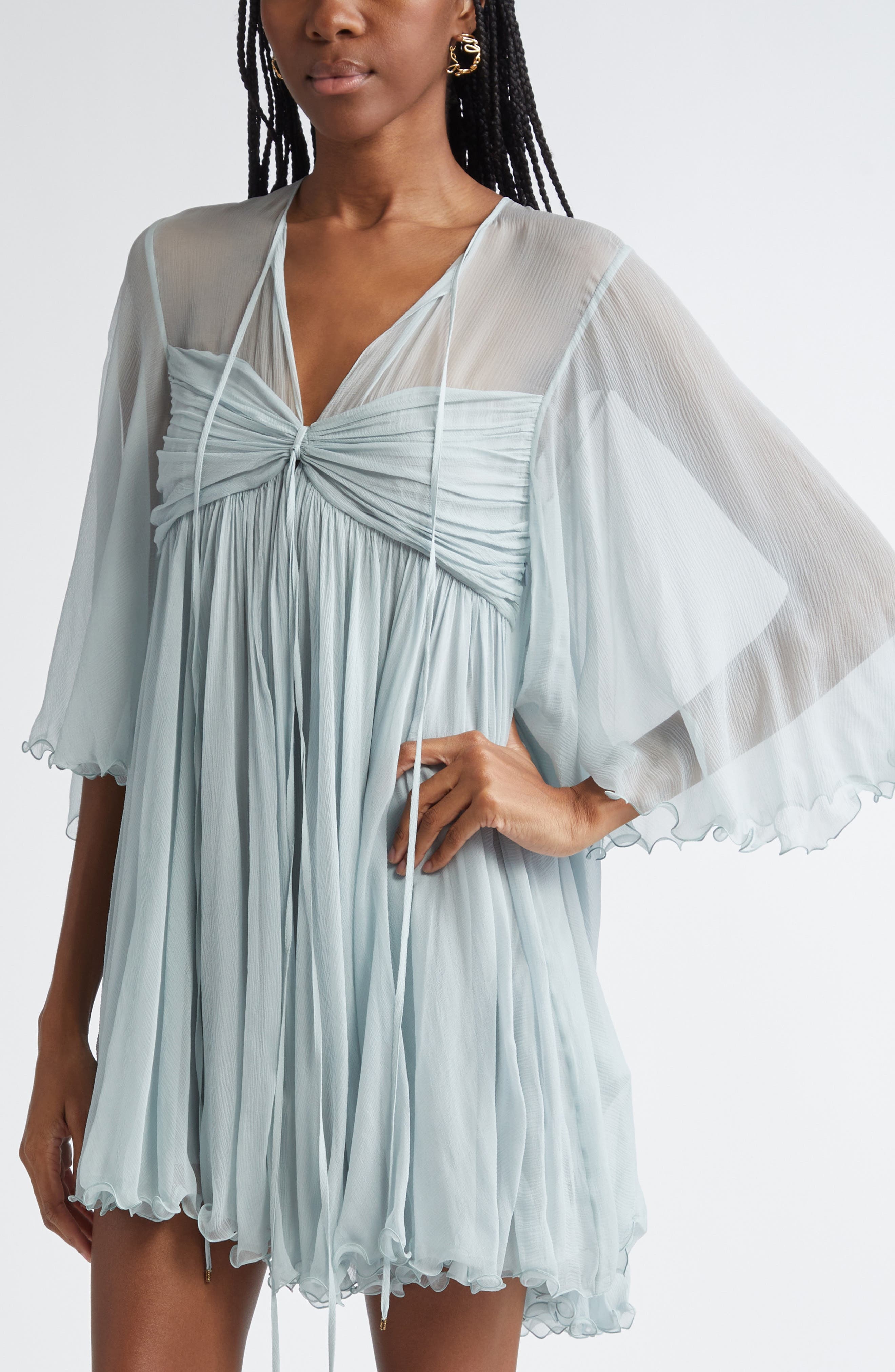 Chloé Pleated Silk Mousseline Babydoll Dress in Airy Grey at Nordstrom - 4