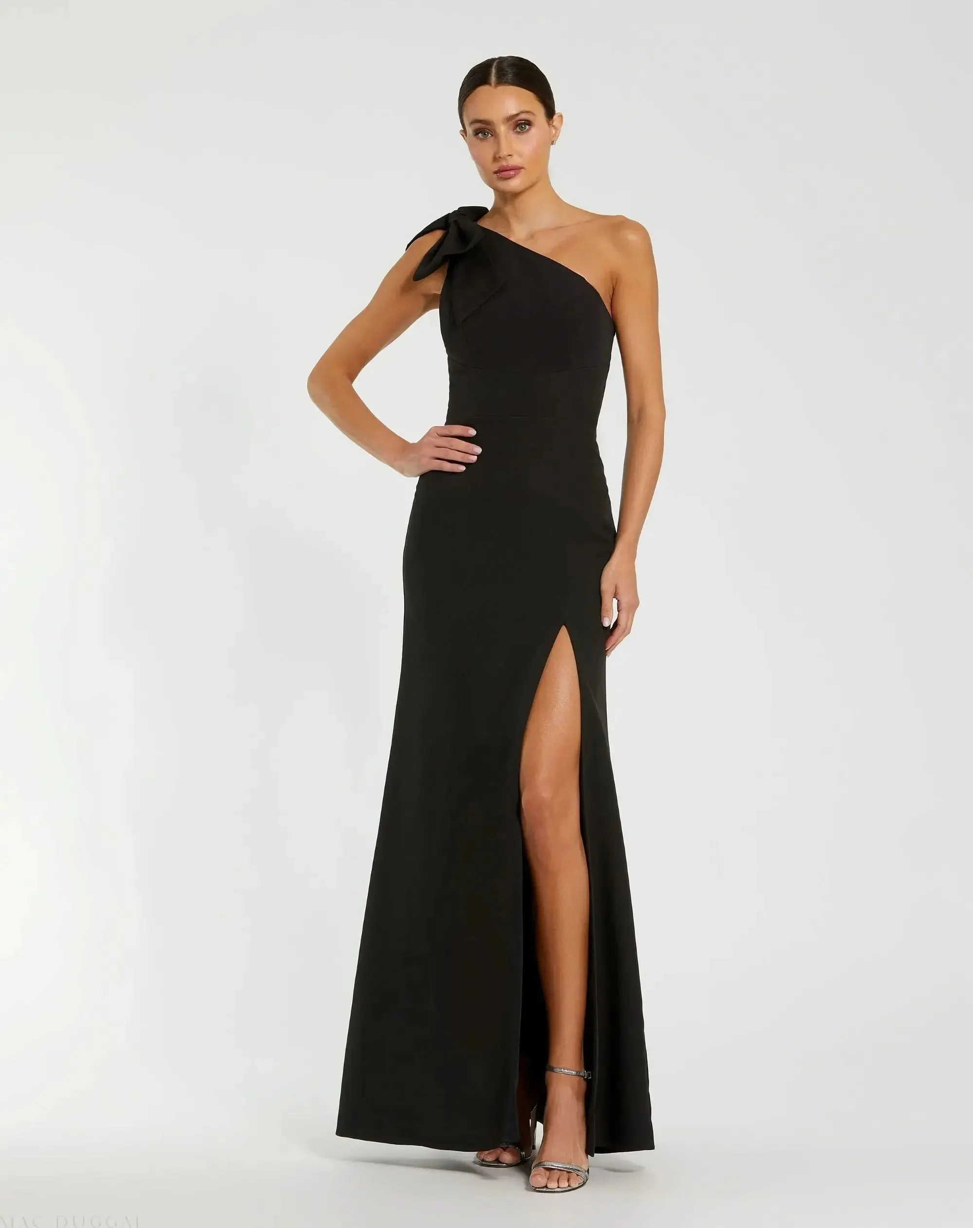 Black Crepe One Shoulder Fitted Evening Gown With Bow - 1
