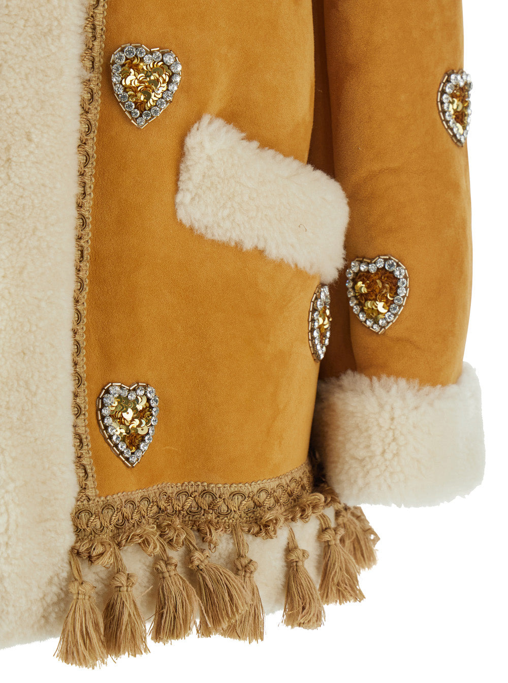 Valentino Women Beige Crewneck Jacket With All-Over Heart Embellishments And Fur Details In Leather  - 3
