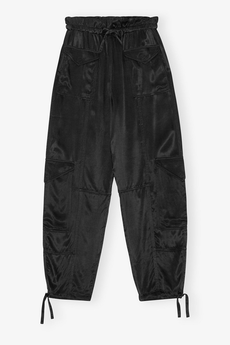 BLACK WASHED SATIN POCKET PANTS 1