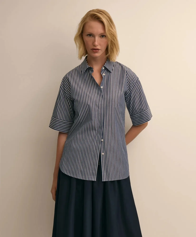 Cotton Short-Sleeve Drop-Shoulder Striped Shirt - 1