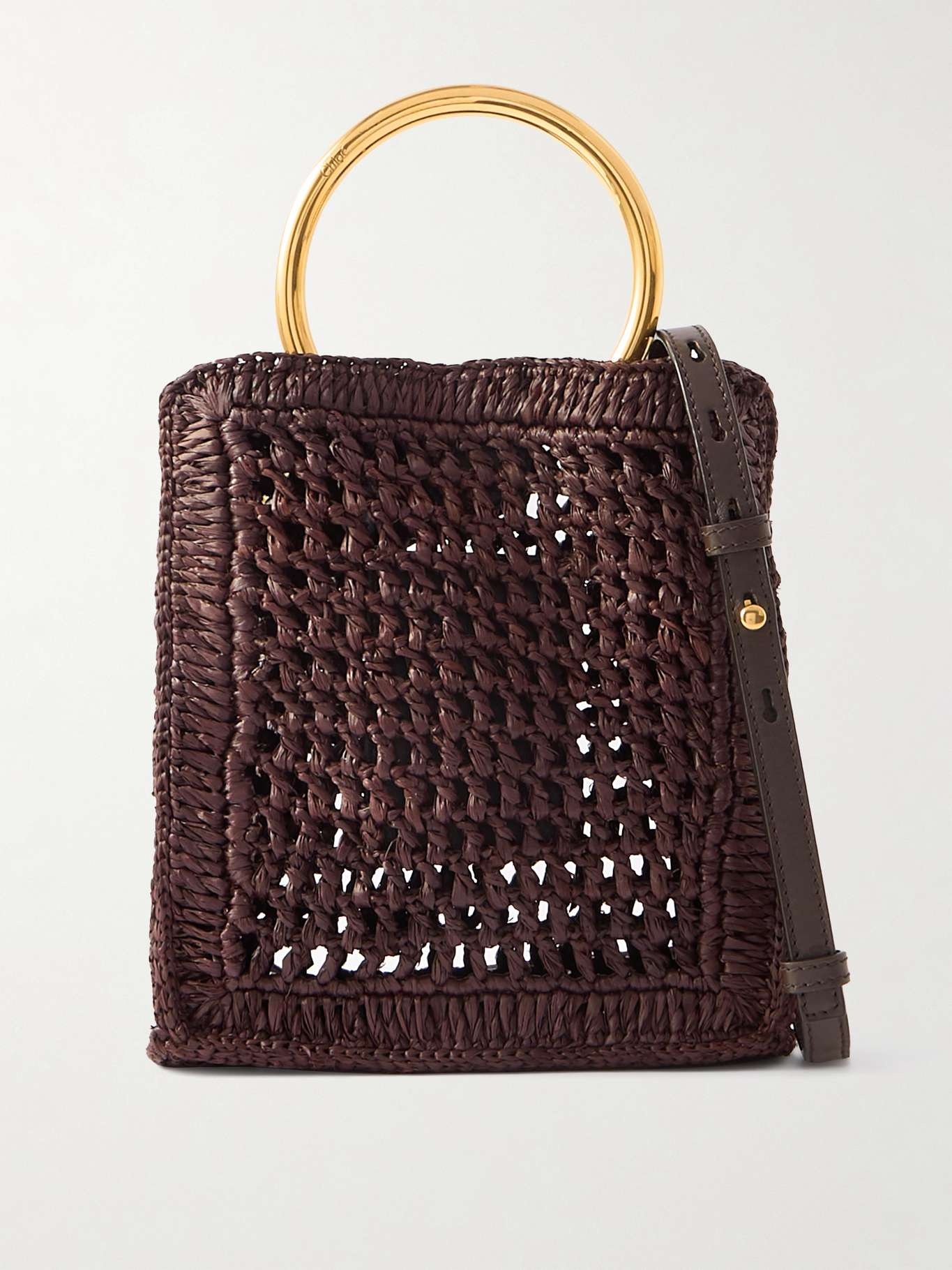 Summer Banana small leather-trimmed woven raffia tote bag Dark brown - 1