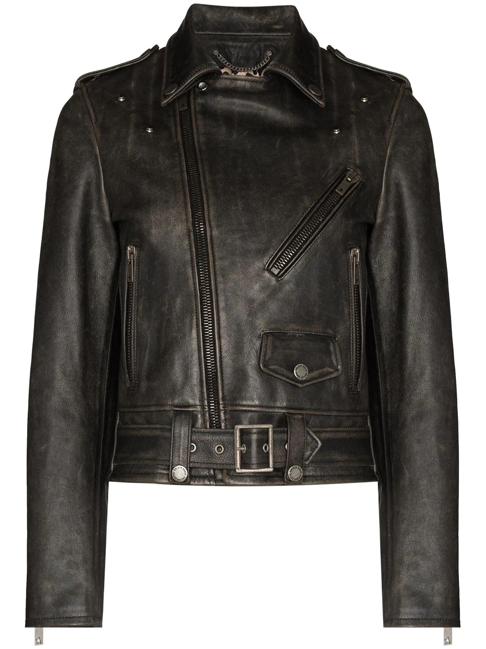 distressed-effect leather biker jacket - 1