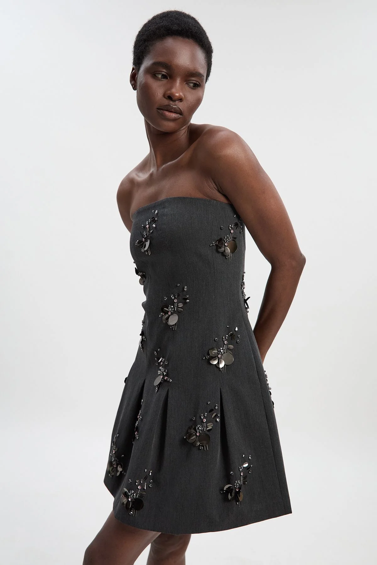 Cluster Sequin & Crystal Embellished Bandeau Tailored Mini Dress - 1