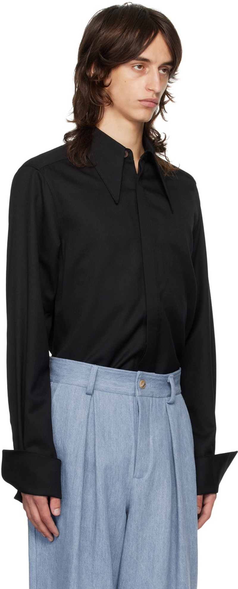 KING & TUCKFIELD Black Pointed Collar Long Line Shirt outlook