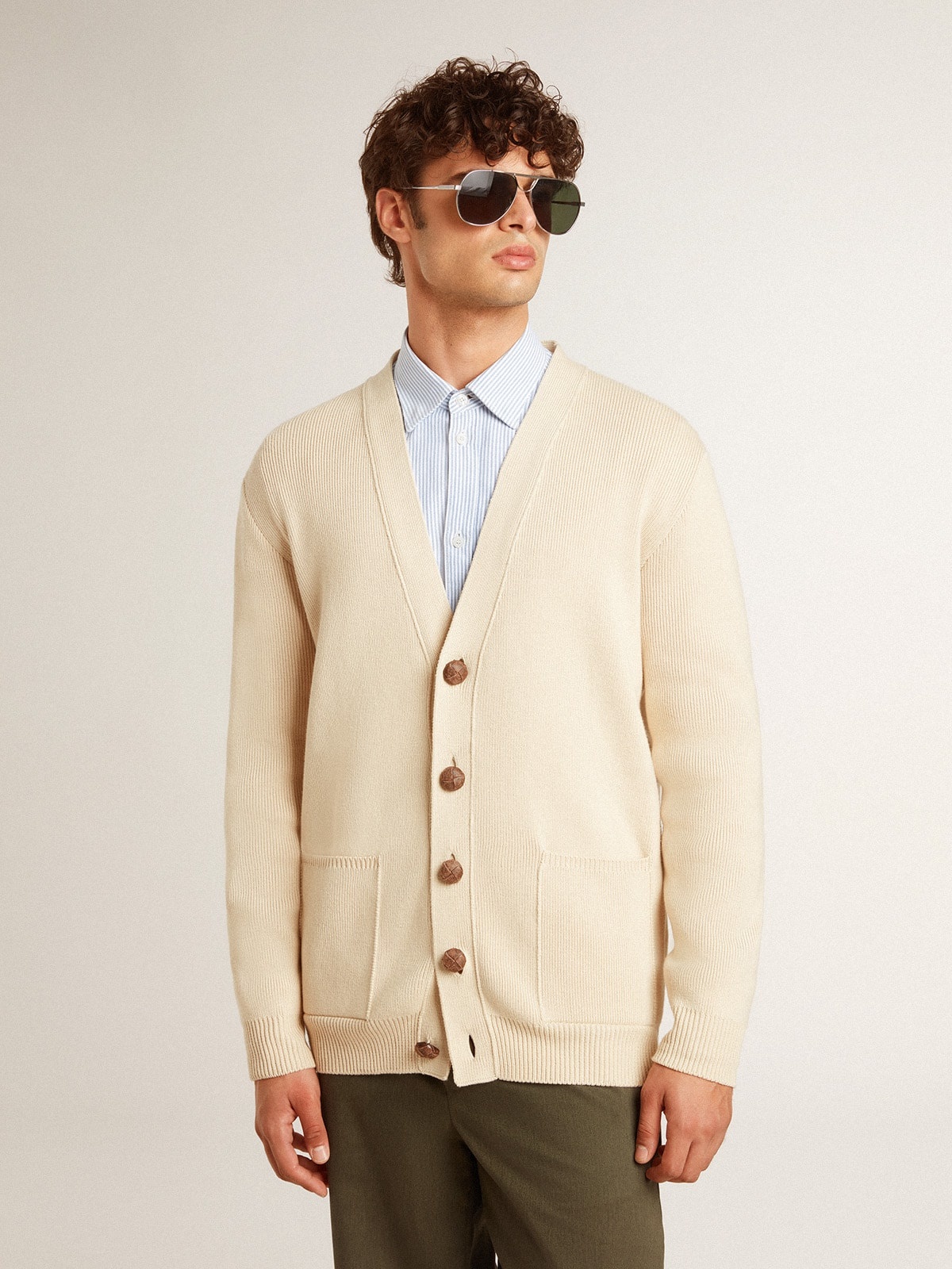 Golden Goose Men's beige cardigan with 'Golden' lettering on