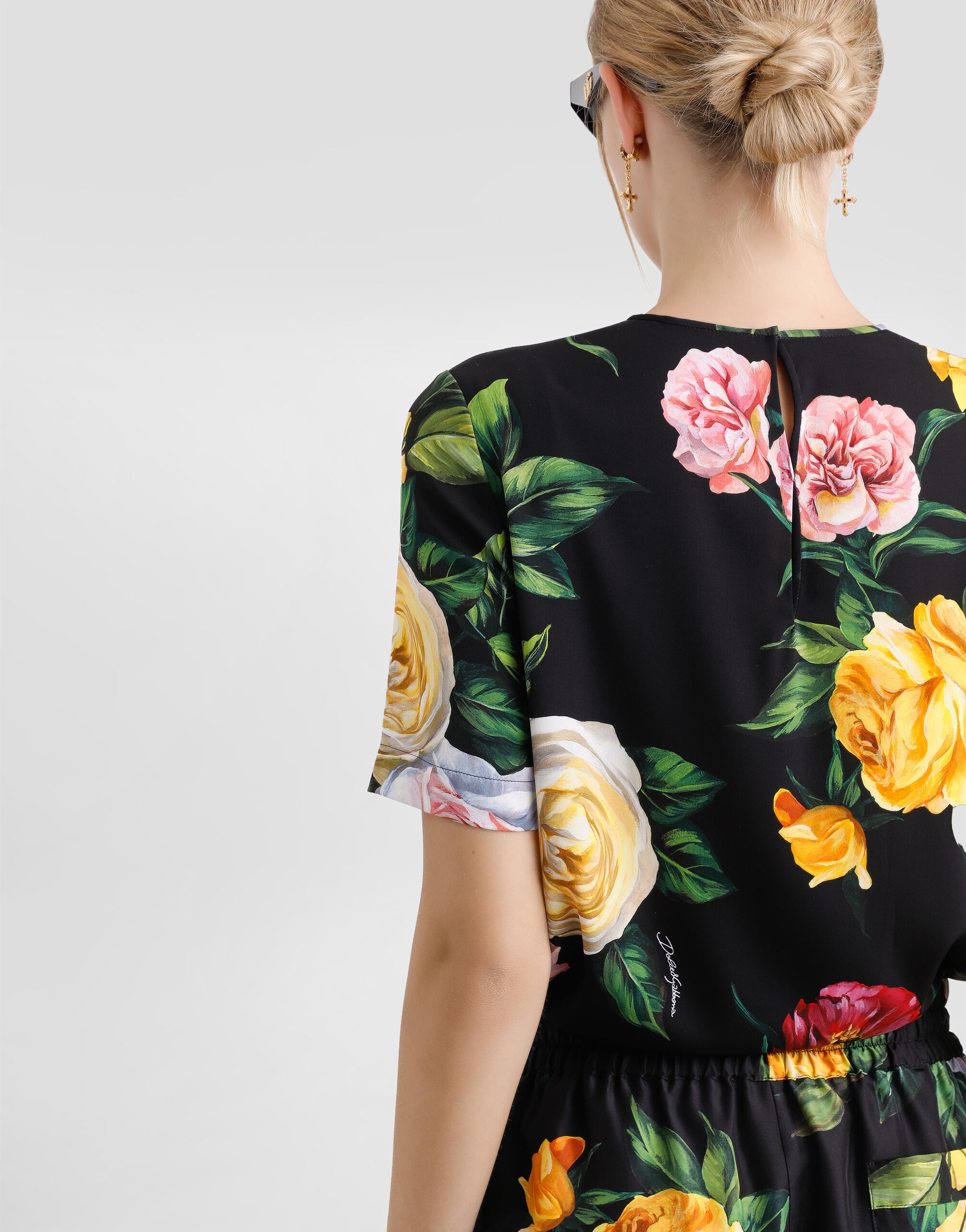 Silk charmeuse blouse with peony and rose print - 5