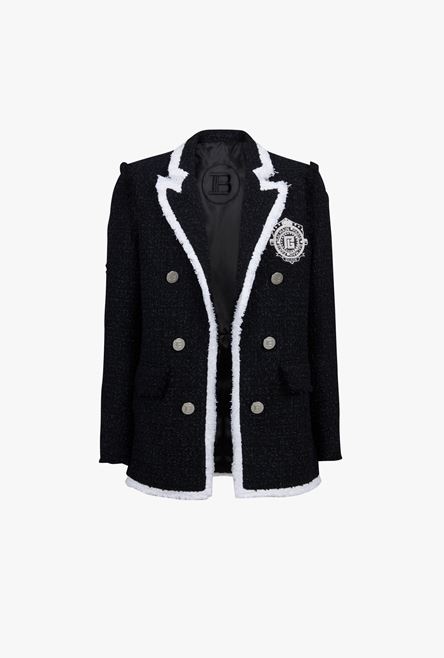 Black and white tweed blazer with embroidered Balmain logo - 1