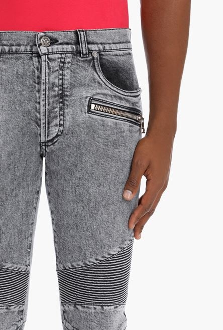 Slim gray cotton jeans with Balmain monogram - 6