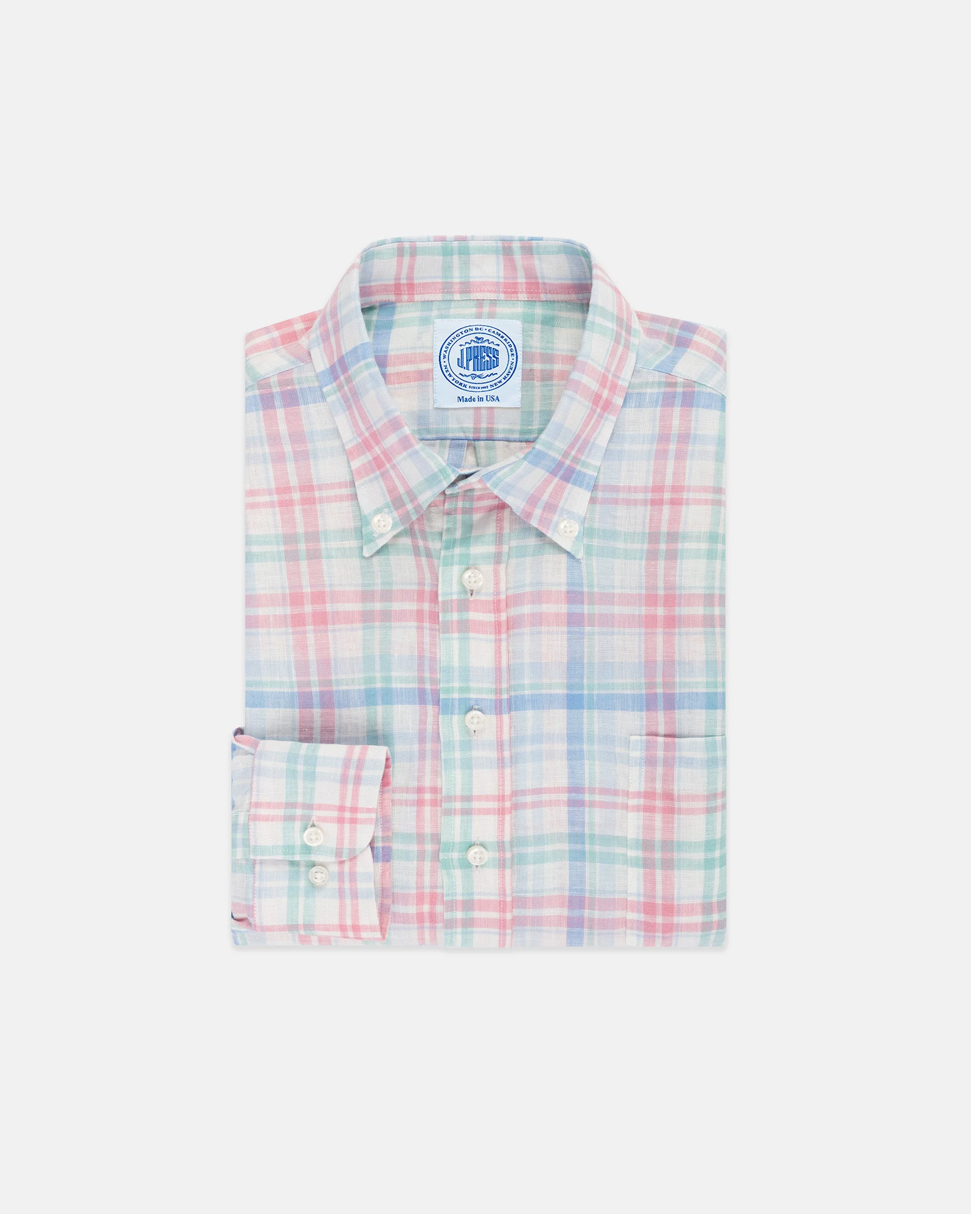 PINK, MINT & SKY BLUE PLAID LINEN SPORT SHIRT - CLASSIC FIT - 1
