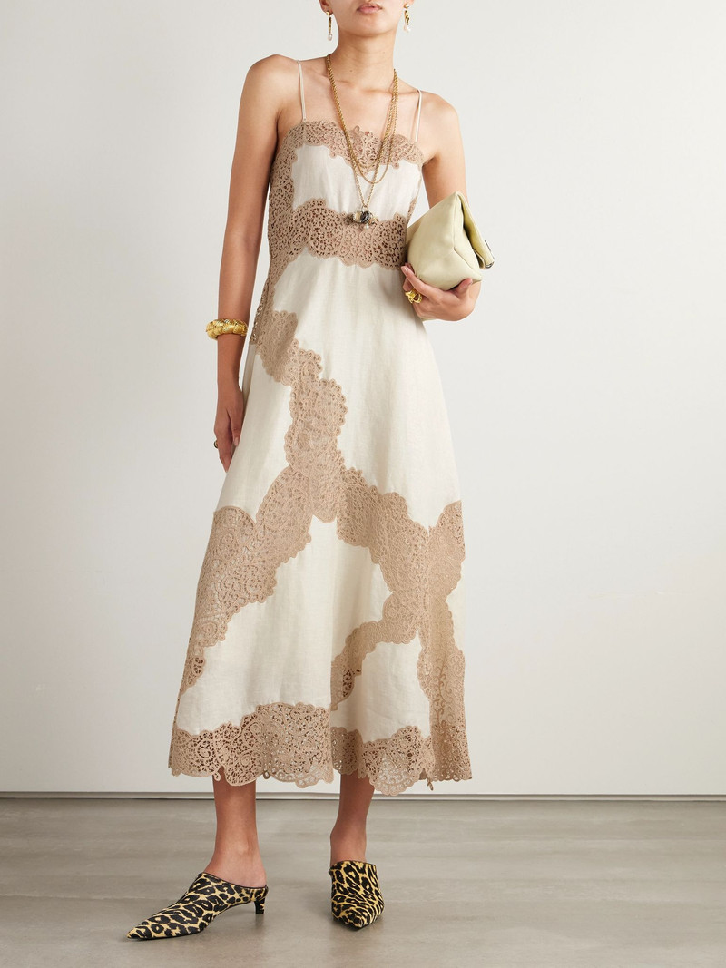 ULLA JOHNSON Evangeline guipure lace-trimmed linen midi dress Beige outlook