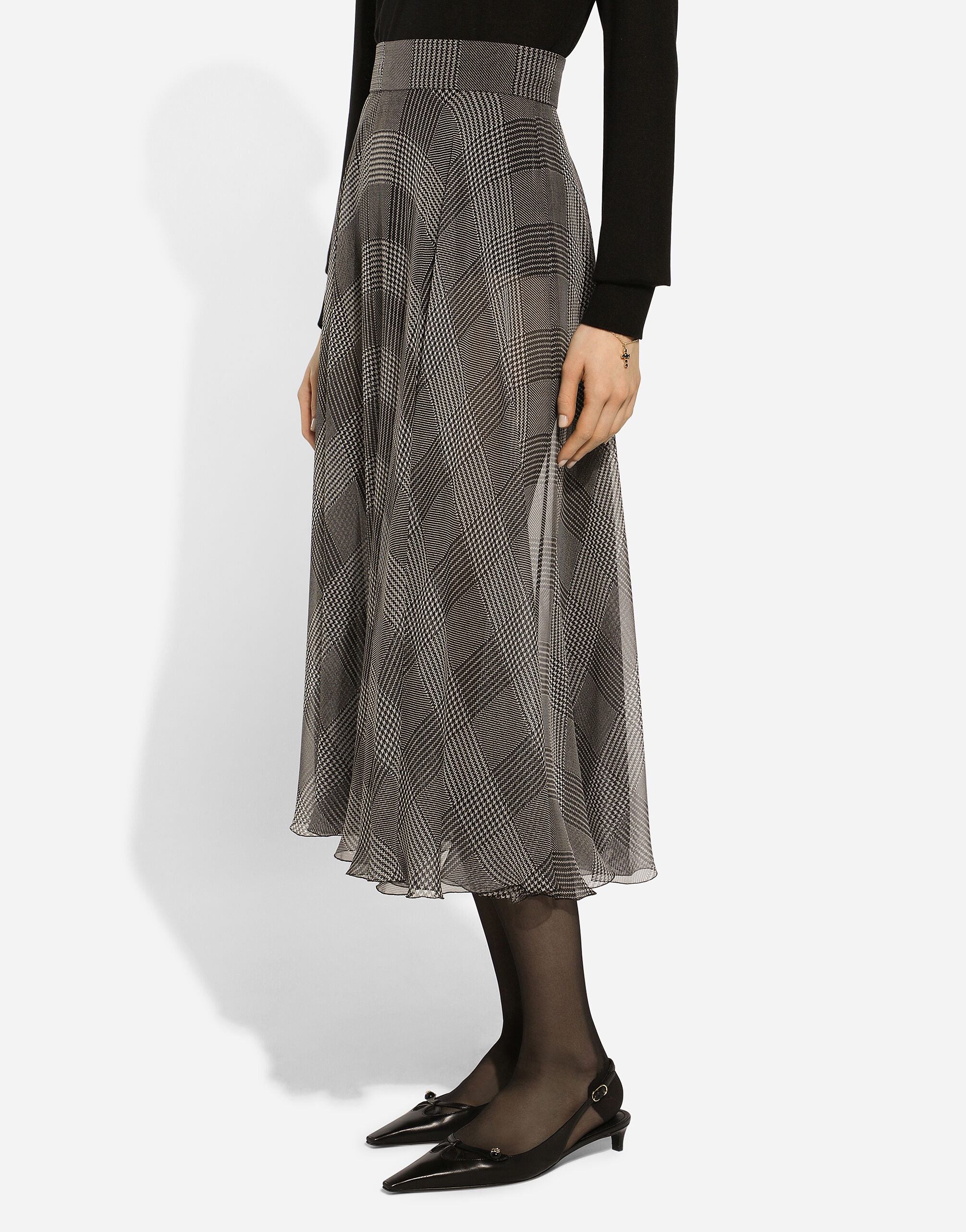 Silk chiffon calf-length circle skirt with glen plaid print - 2