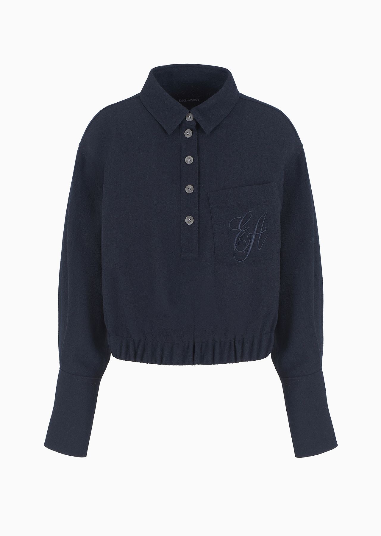 Washed wool crêpe shirt with a polo collar and EA signature embroidery - 1