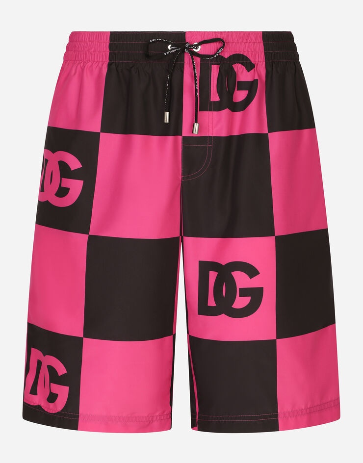 Long damier-print swim trunks with DG logo - 2