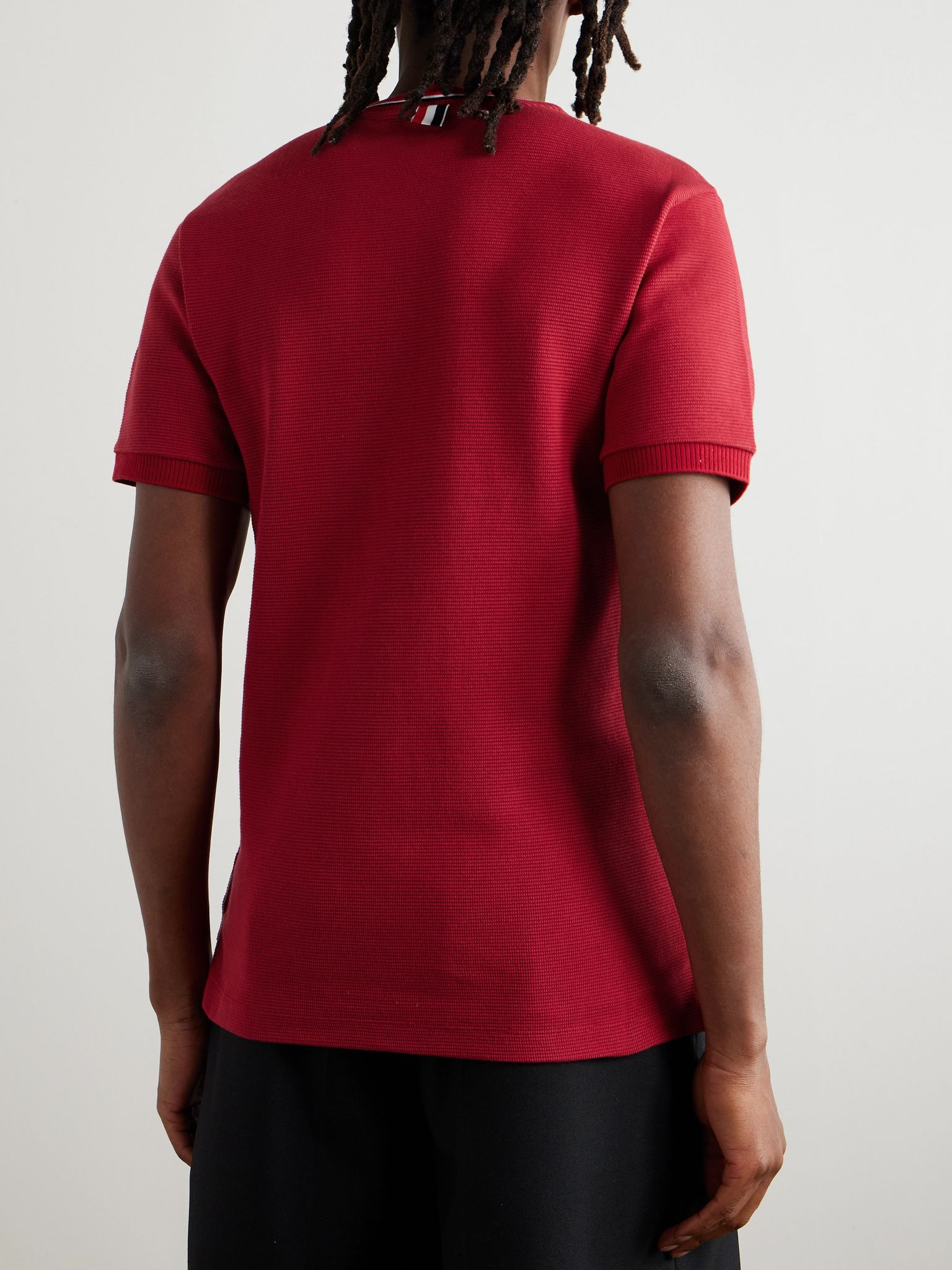 Slim-Fit Logo-Appliquéd Striped Waffle-Knit Cotton T-Shirt Red - 4